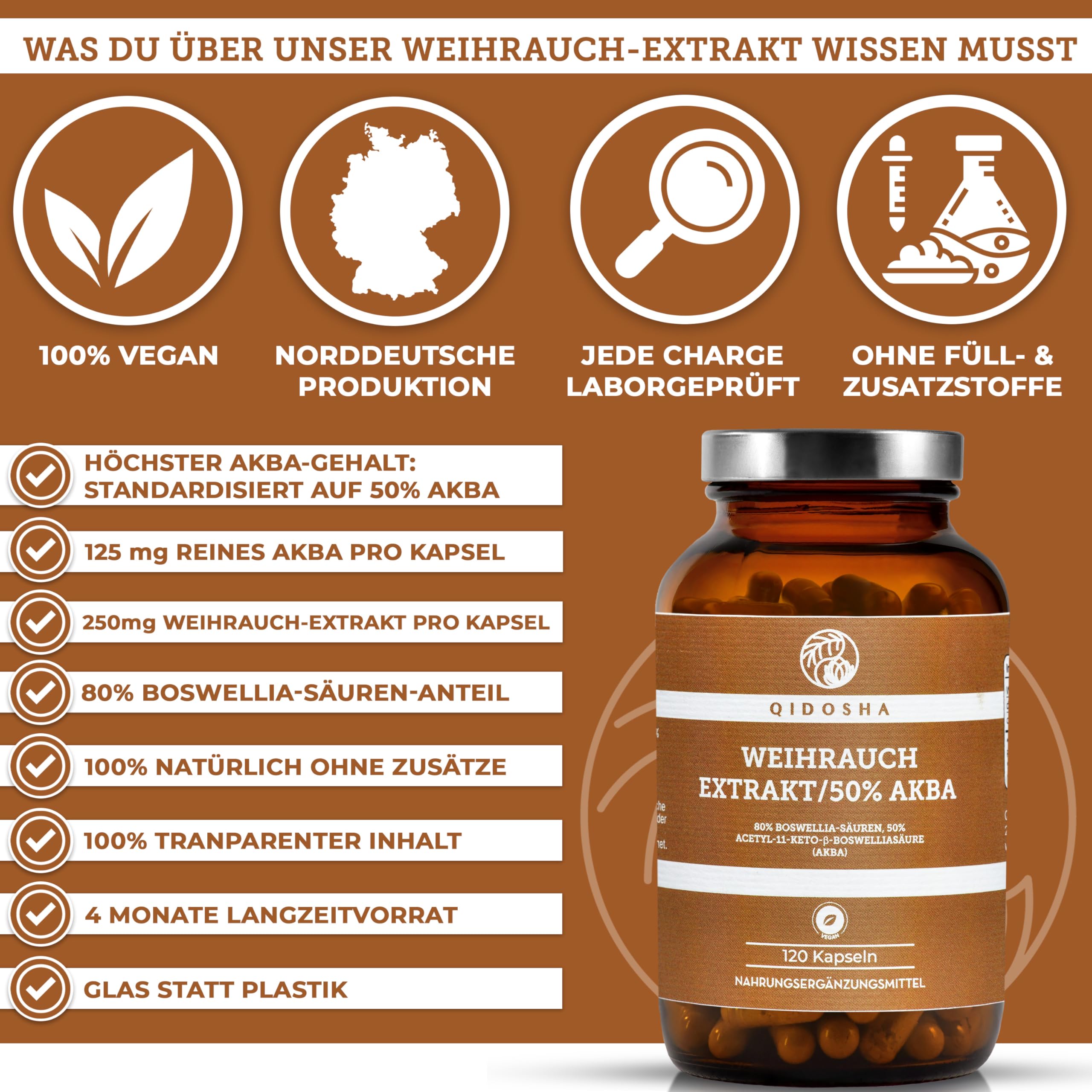 QIDOSHA® Weihrauch AKBA Kapseln, höchster AKBA-Gehalt am Markt, 120 Stk/Glas, 250mg Weihrauch-Extrakt mit 125mg AKBA je Kapsel, 80% Boswellia-Säuren, AKBA Kapseln hochdosiert mit 50% AKBA