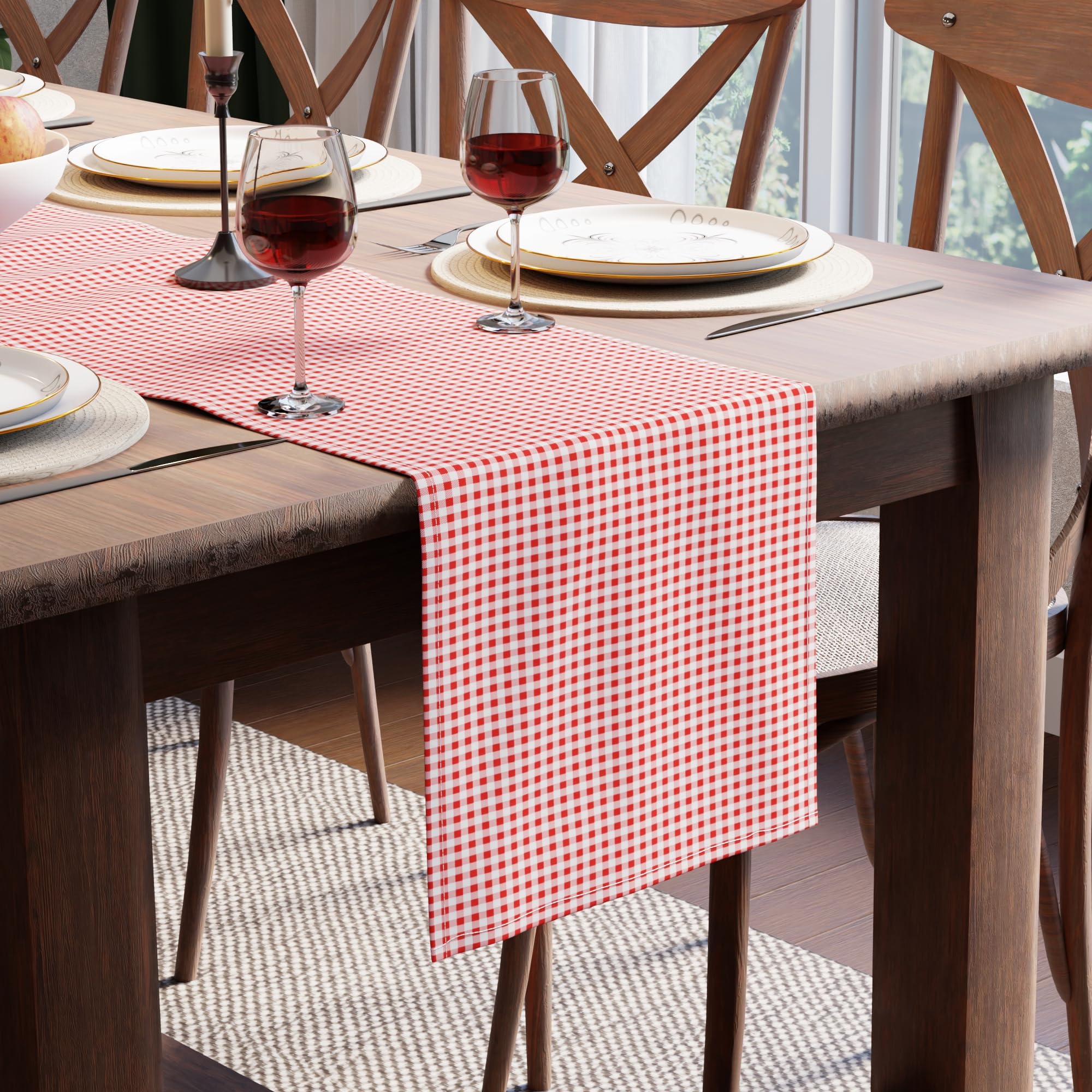 Encasa XO Cotton Dining Table Runner, Checks & Stripes 32x240 cm Red