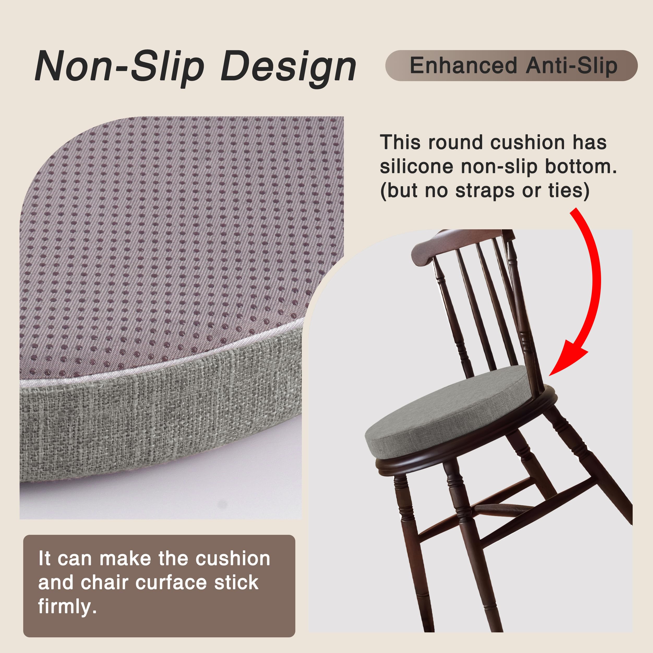 OVOV Cojines redondos para sillas de comedor, paquete de 4 cojines de asiento extra gruesos con funda extraíble y parte inferior antideslizante, color gris claro (16 x 16 pulgadas)