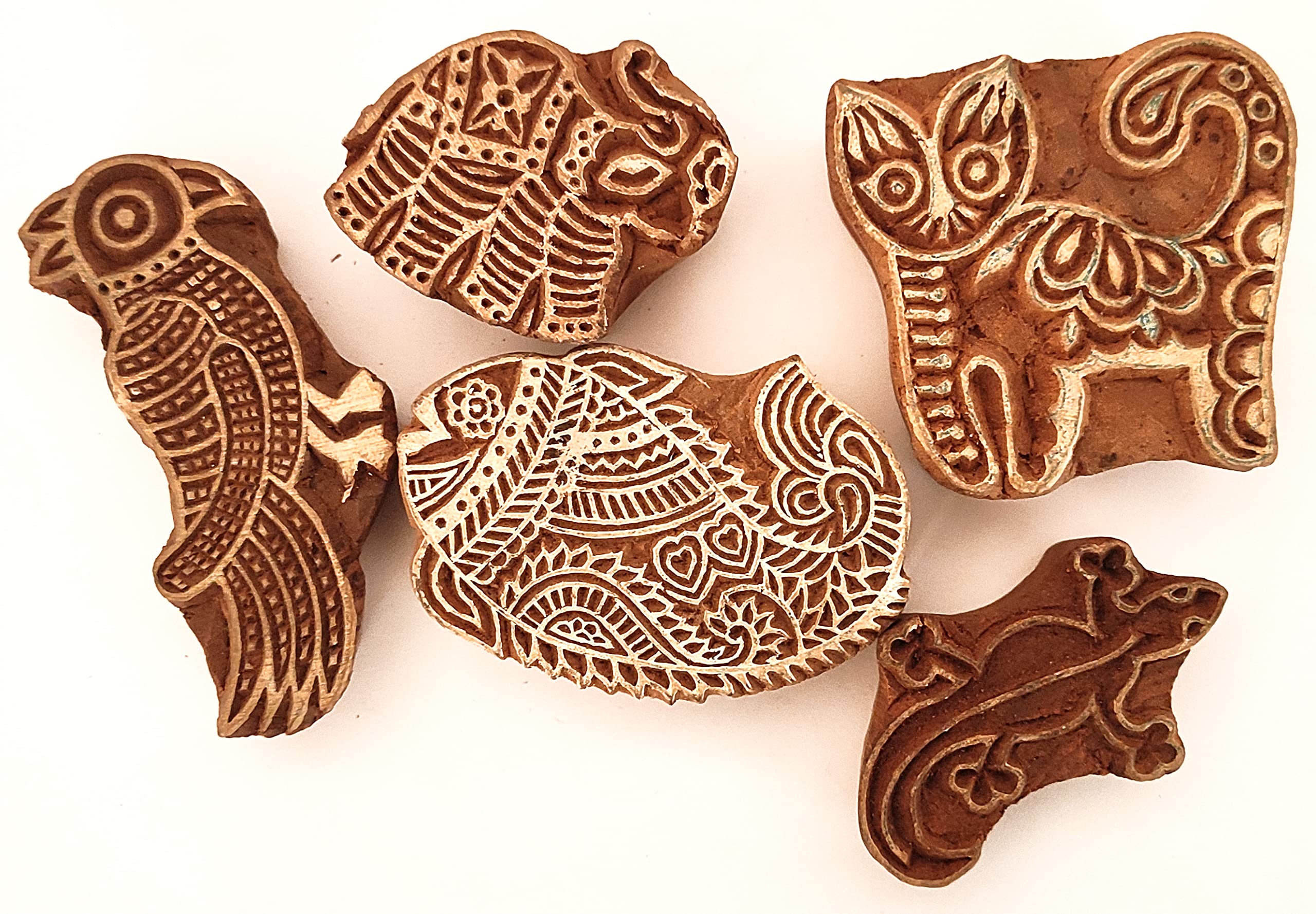Sharvgun Juego de 5 sellos de animales, bloques de impresión de madera, arte artesanal, tela, diseños de impresión, sellos decorativos, arte curvado a mano, sello de madera