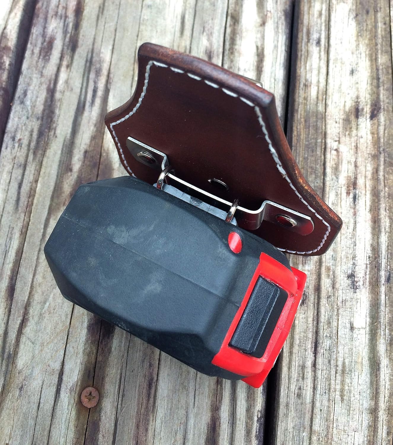 Low Profile Leather Tape Measure Holder with Belt Clip (Dark Brown)