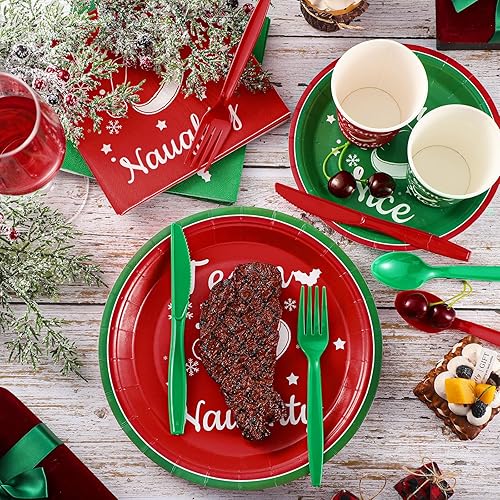 Miniatura 6 de Norme Juego de vajilla de 244 piezas de Feliz Navidad Naughty Team Nice Party Supplies El equipo incluye 24 platos de 9 y 7 pulgadas, vasos de papel