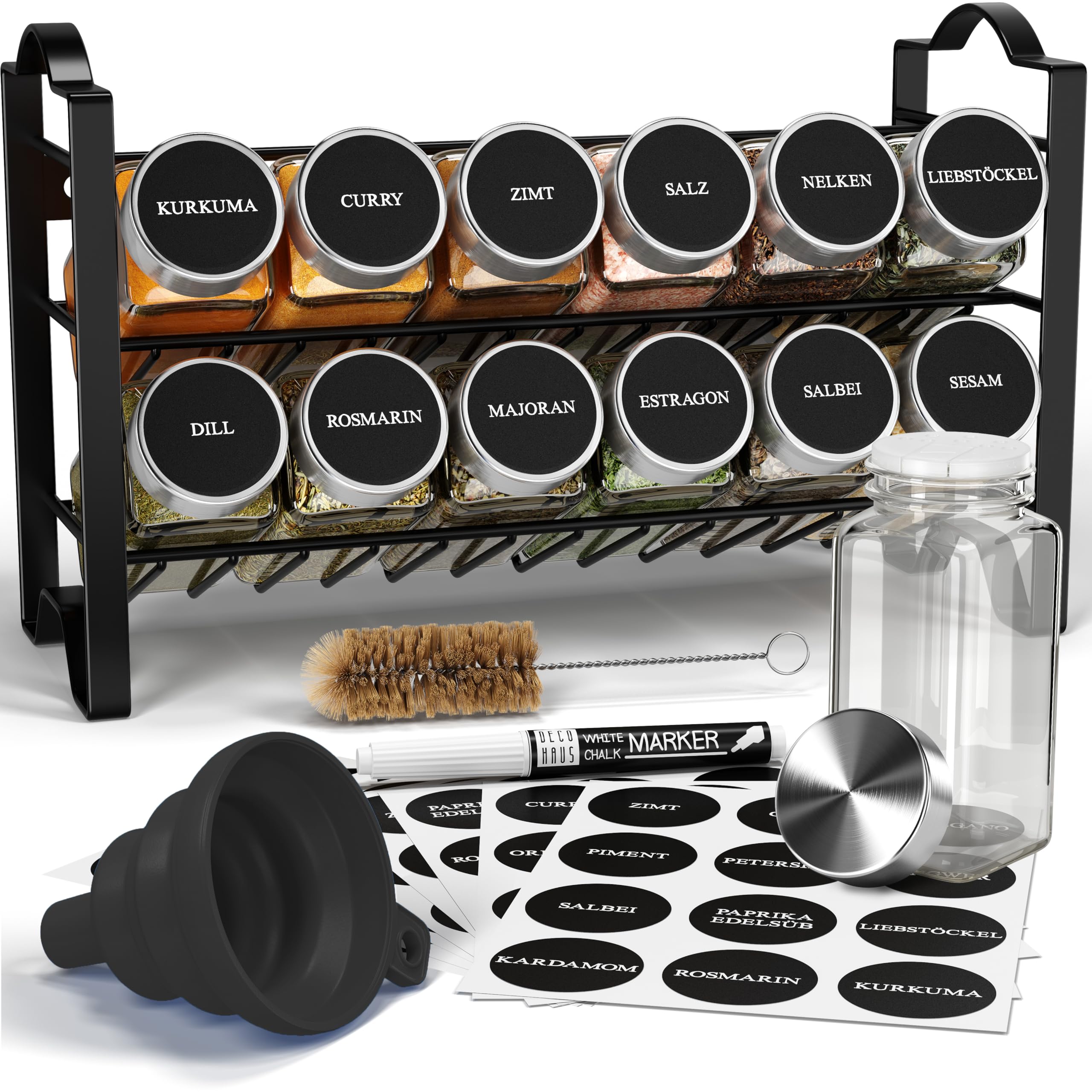 Deco haus® Porta Spezie per Cucina [con Barattoli ed Etichette]- Organizzatore di spezie - Portaspezie in Piedi e da Parete - Portaspezie Salvaspazio