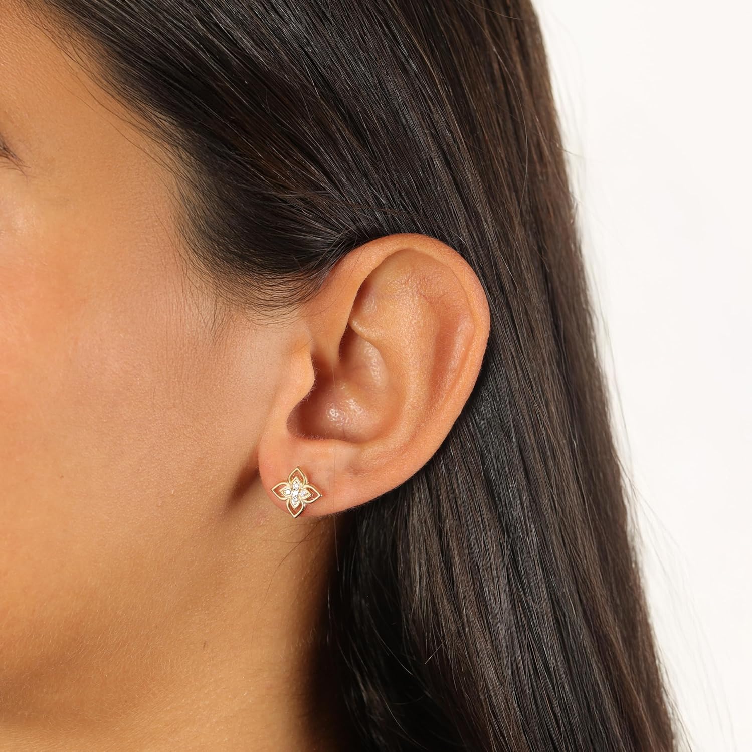 Lavari Jewelers 1/10 Carat Round Lab Grown Diamond Floral Stud Earrings for Women I Elegant 18k Yellow Gold Plated 925 Sterling Silver Flower Earrings for Her I Hypoallergenic Push Back Studs - Image 2