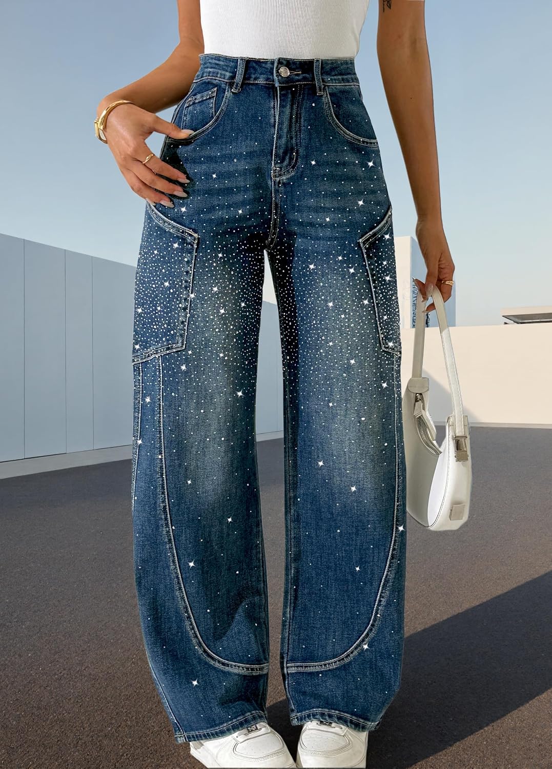 heipeiwa Women's Rhinestone Barrel Jeans Wide Leg Baggy Denim Pants Sparkle Shiny Glitter Boyfriend Jean Outfit