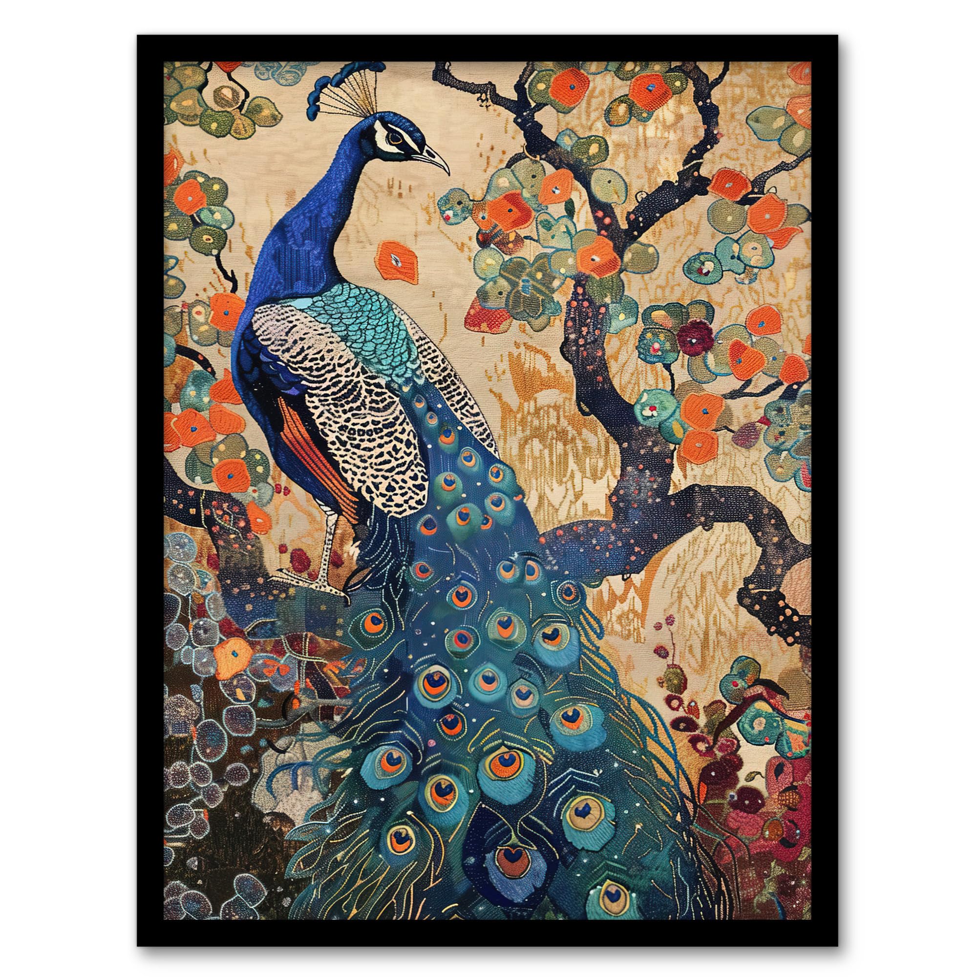 Artery8 Peacock in Tree with Wildflowers Artwork Detailed Living Room Artwork Framed Wall Art Print A4