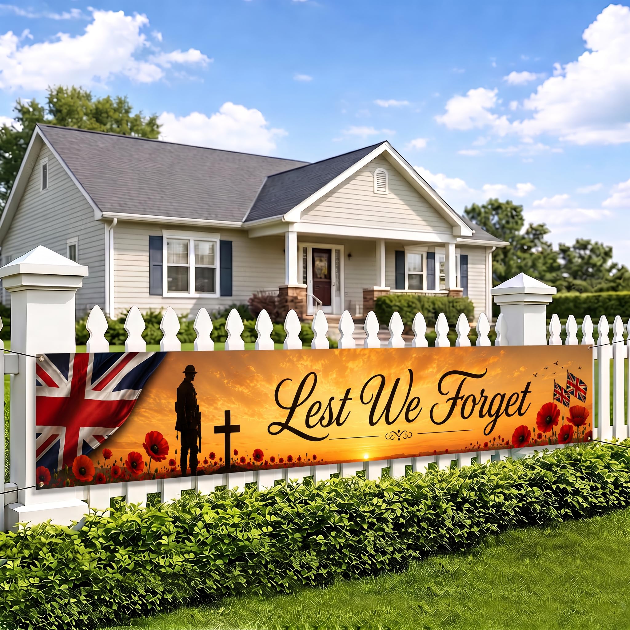 Lest We Forget Banner Flag, Large Remembrance Day Memorial Banner, British Commemorative Hanging Decoration for Indoor Outdoor Display, Military Tribute Garden Fence Wall Decor 118in x 24in (F-Yellow)