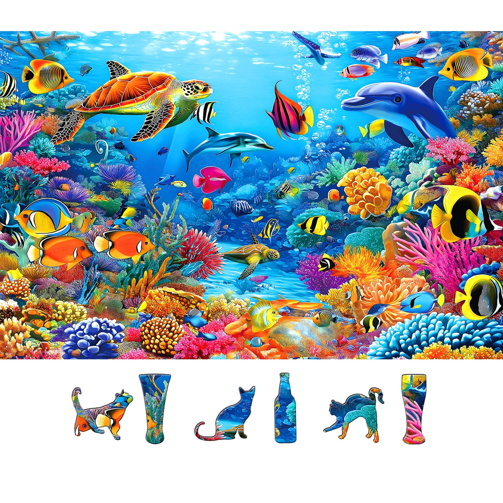 MINIWAN Puzzle da 500 pezzi per adulti, mondo oceanico sottomarino con delfini, tartarughe marine e pesci tropicali, 58 x 38 cm, puzzle d'arte unico, puzzle difficile impegnativo per adulti