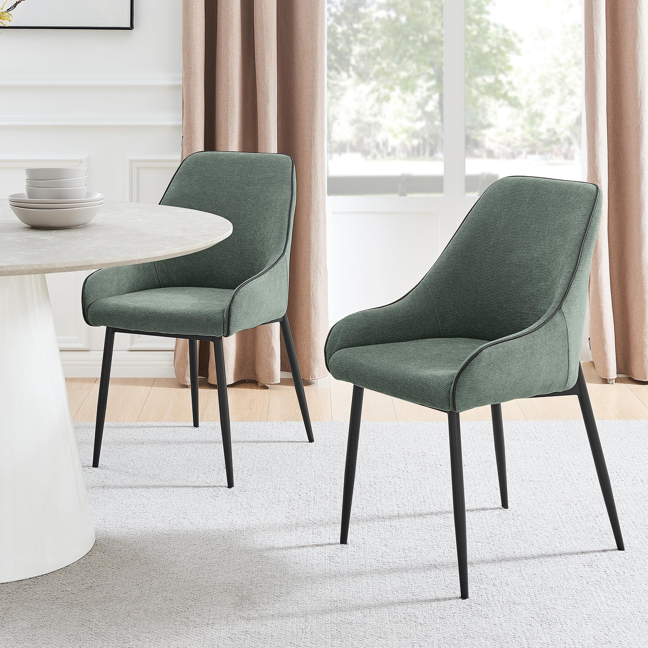 Furniturebox UK - Set of 2 Dining Chairs Beaumont Green Fabric Black Leg - Pair of Kitchen Chairs - Upholstered Modern Dining Room Furniture - Contrasting Black Piping