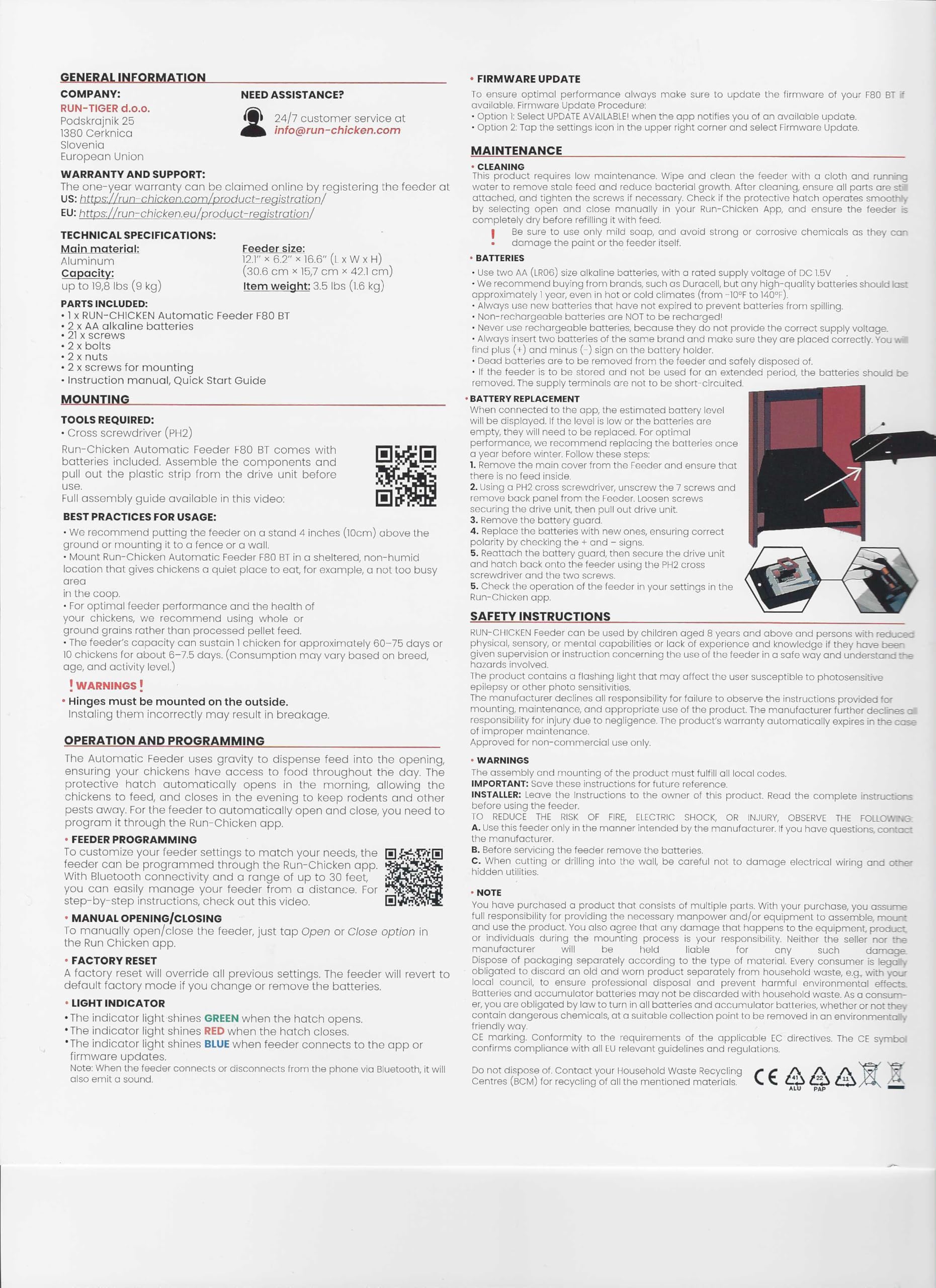 RUN-CHICKEN Comedero automático para pollos (rojo), funciona con pilas, escotilla de seguridad programable con temporizador, alimentación de 9,0 kg, resistente a las plagas, accesorio para gallinero