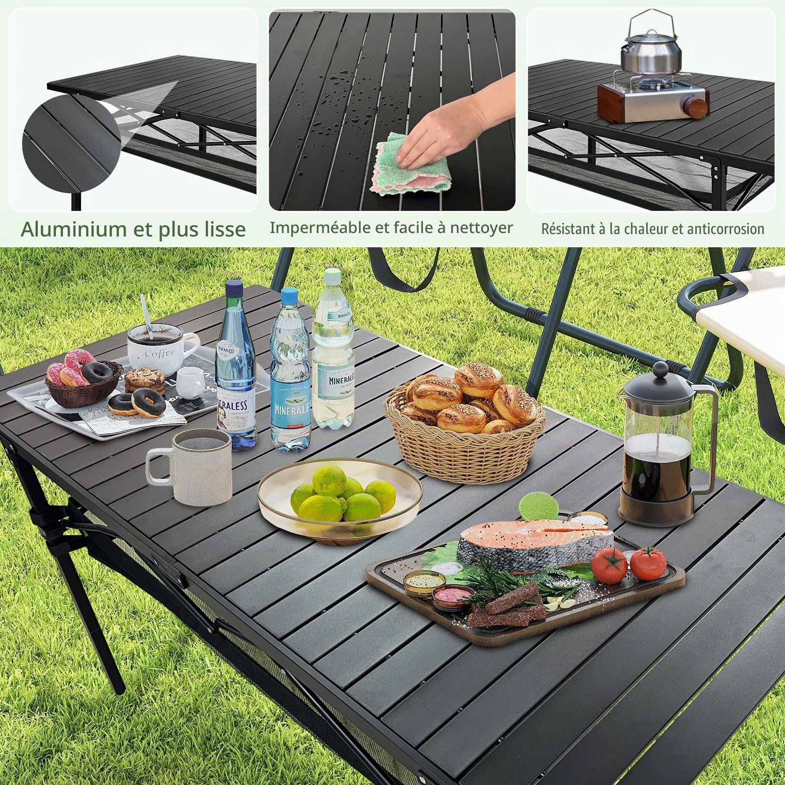 Table de Camping Pliante en Aluminium pour 4-6 Personnes Table Pliante Exterieur Charge Maximale 80 kg avec Poches en Filet pour Jardin Pique-Nique Plage Terrasse 140 x 70 x 70cm Noir