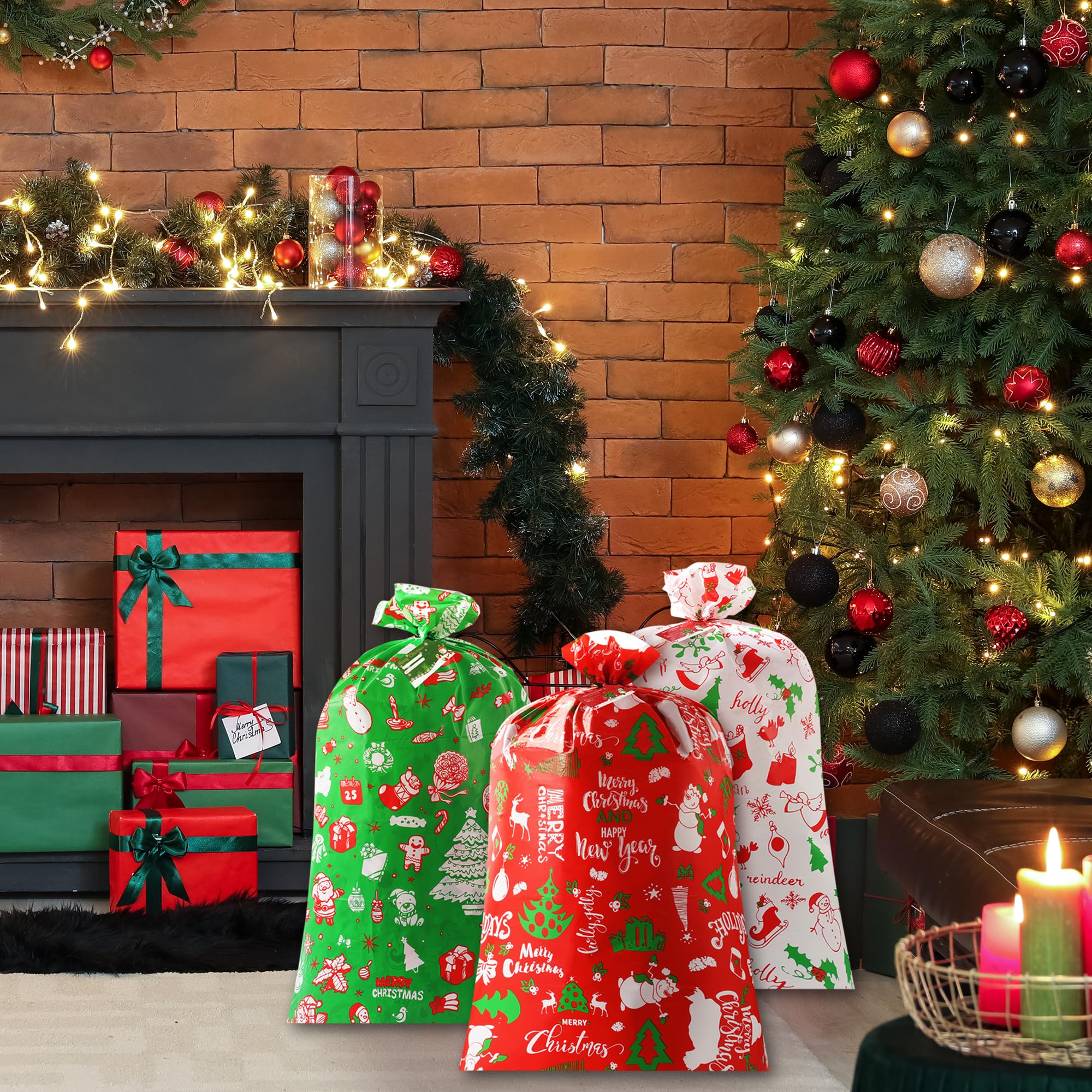 YIGOYIHU 3PCS Extra Large Christmas Gift Bags - 56’’ x 36’’ Jumbo Christmas Gift Bags - Giant Gift Bag for Huge Gifts with Tag & Tie - Heavy Duty Plastic Big Xmas Sack for Holiday Huge Present