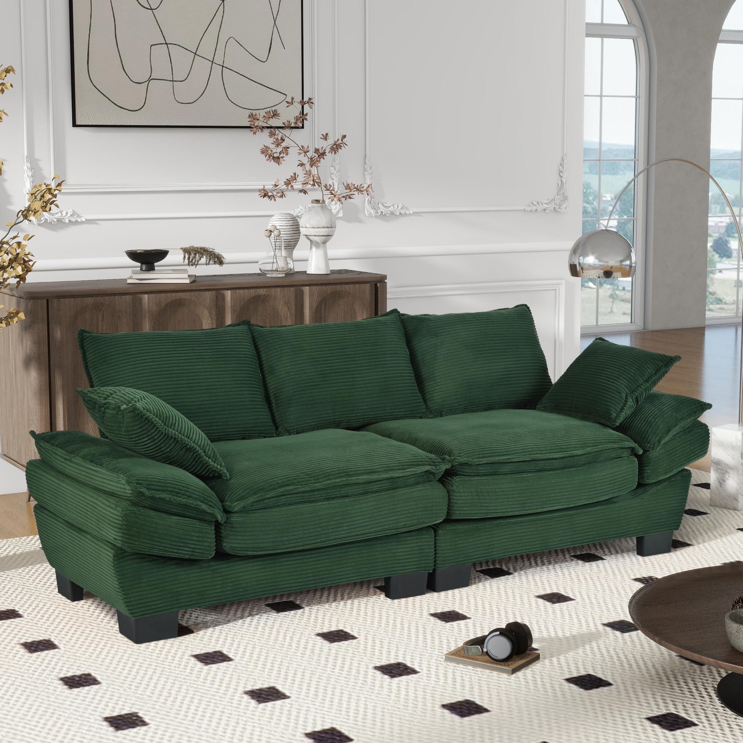 Sofá moderno de tela de pana curvada de 85.4 pulgadas, sofá tapizado con 2 almohadas decorativas para sala de estar, dormitorio, apartamento, color verde oscuro 2