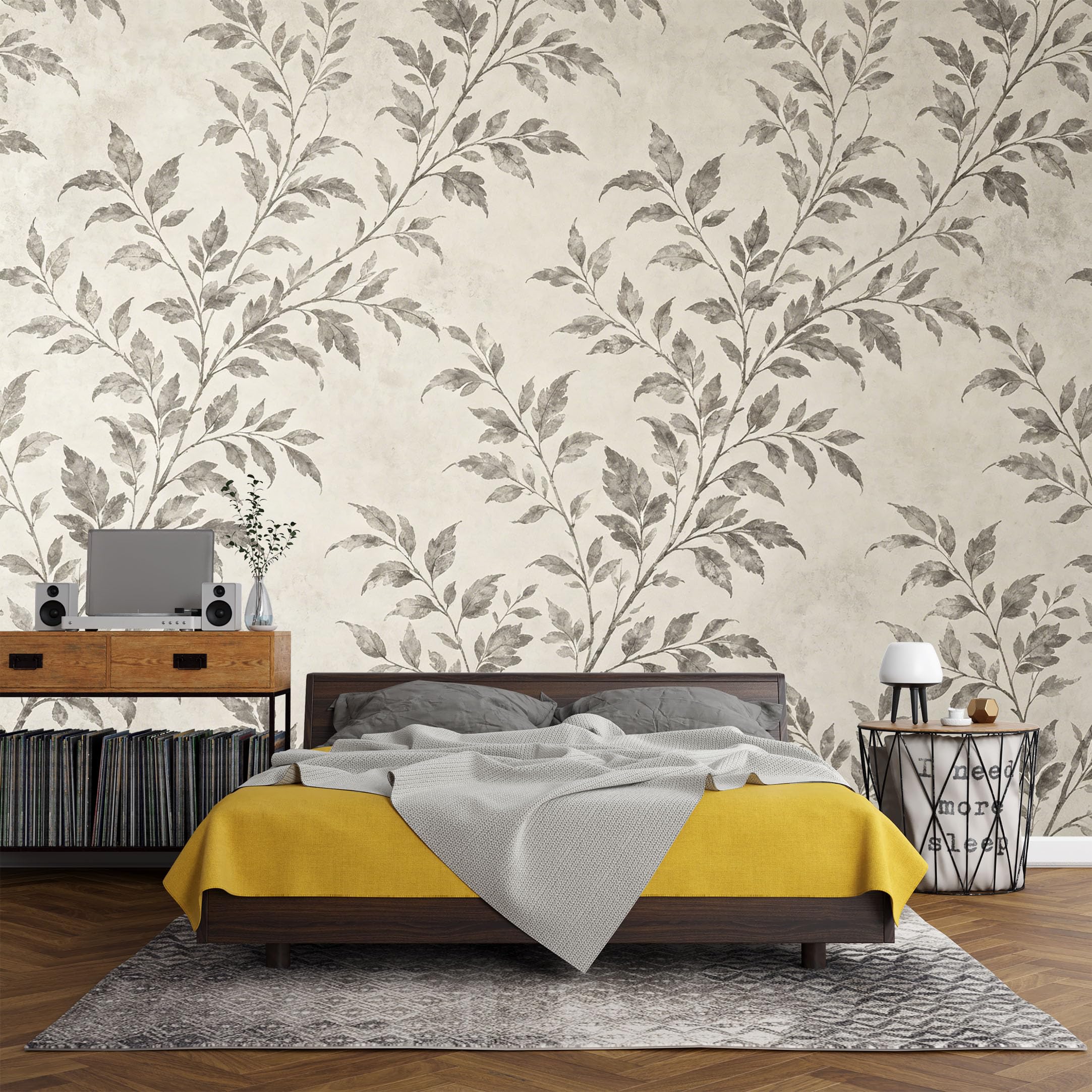 Custom Size Wall Mural Botanical Leaf Branches Monochrome Watercolor SelfAdhesive Art Prints wall Fabric (No PVC) Removable Wallpaper Living Room Decor