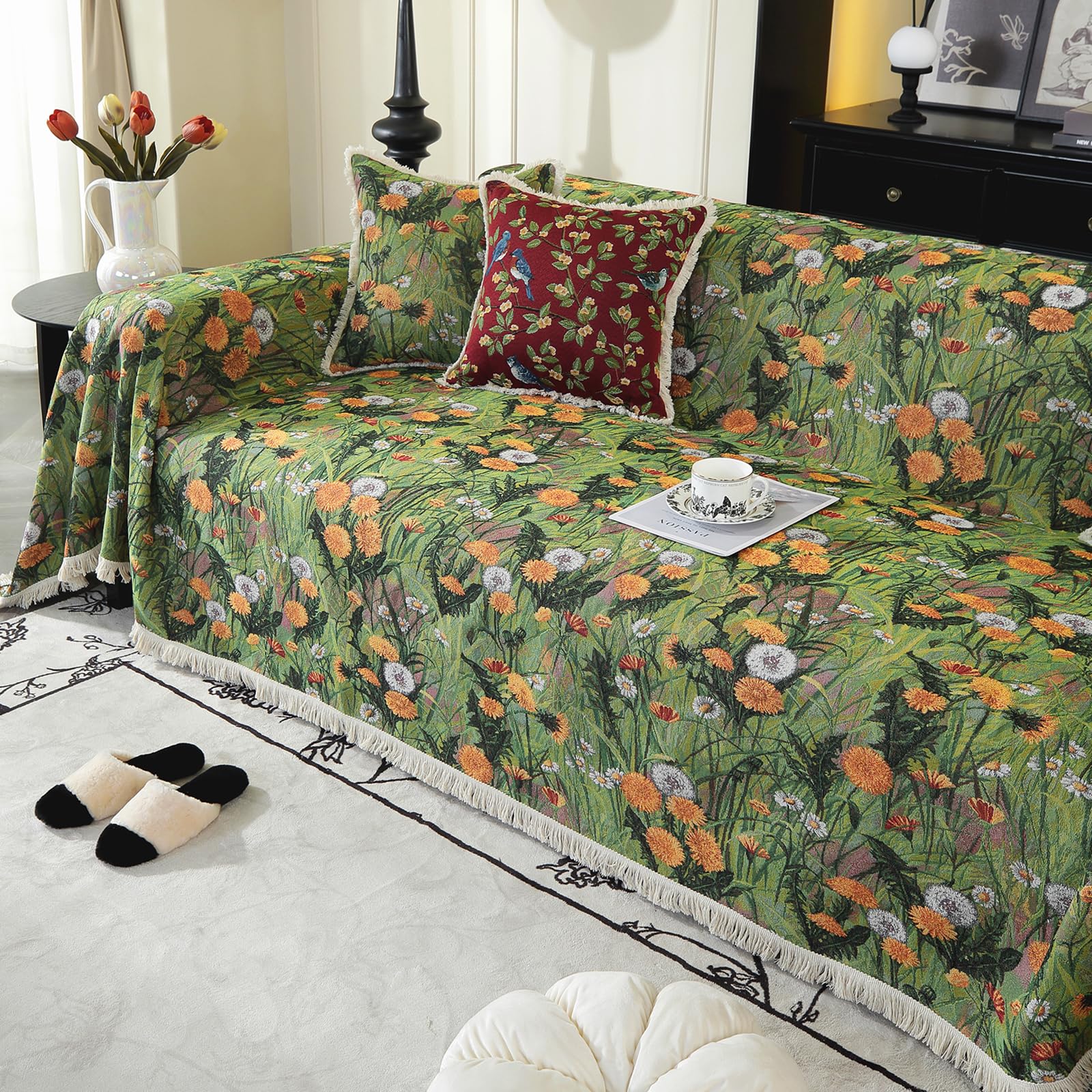 VanderHOME Durable Artisan Sofa blanket - Breathable Cotton and Linen Blend Throws for the Sofa, Vintage-Inspired Home Decor with All-Season Versatility 180 * 380cm-Dandelion