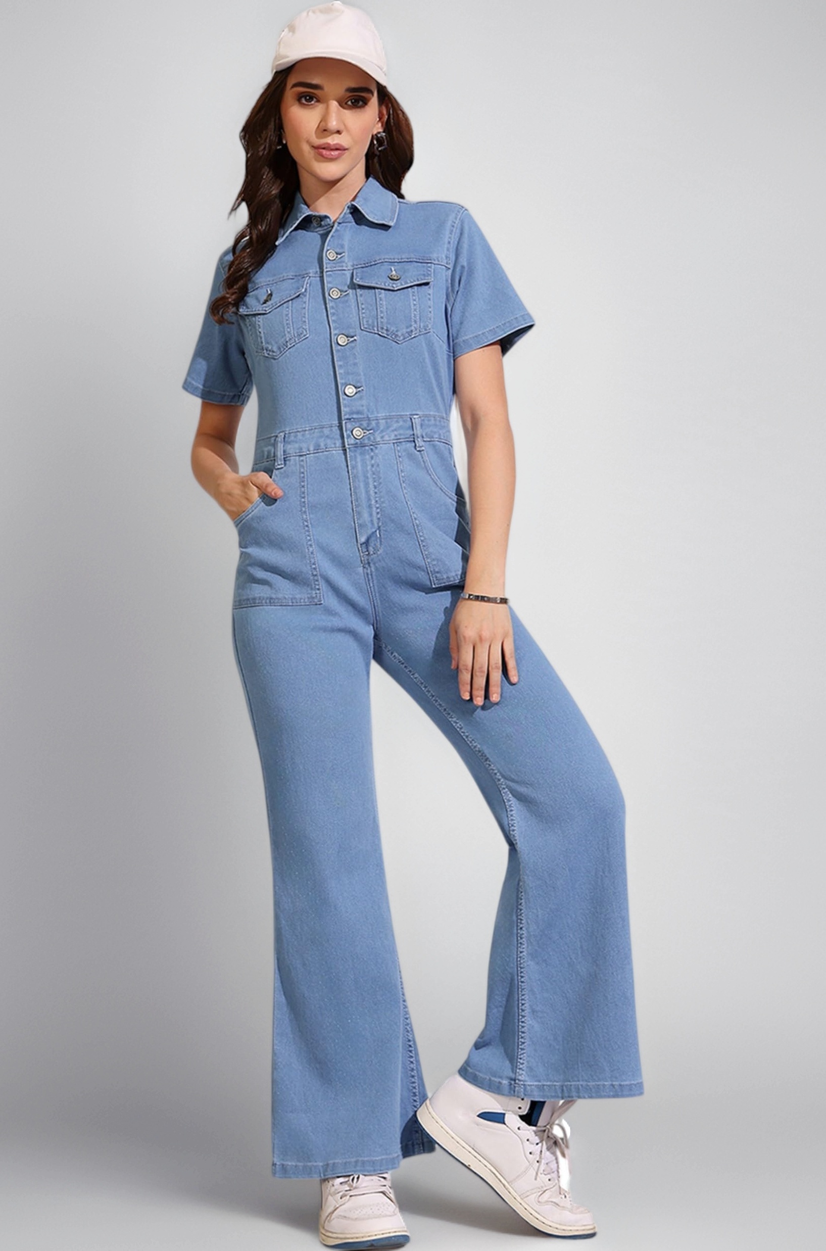 Women's Flared High Rise Regular Length Stretchable Denim Jumpsuit