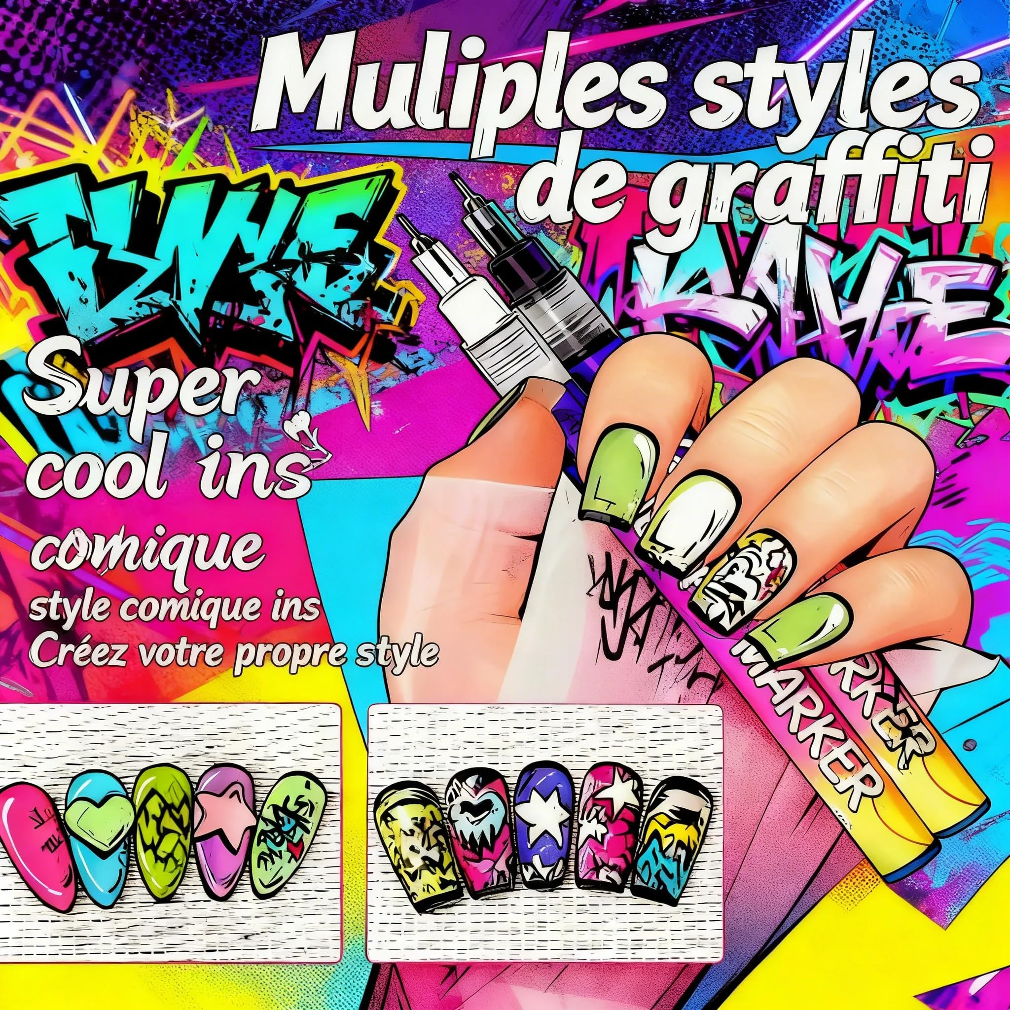 Stylo 3D Nail Art Professionnel - Kit de 12 Feutres Vernis à Ongles avec Pointe Métallique Fine 0.5mm, pour deco ongle nail art, Graffiti (12 Couleurs)