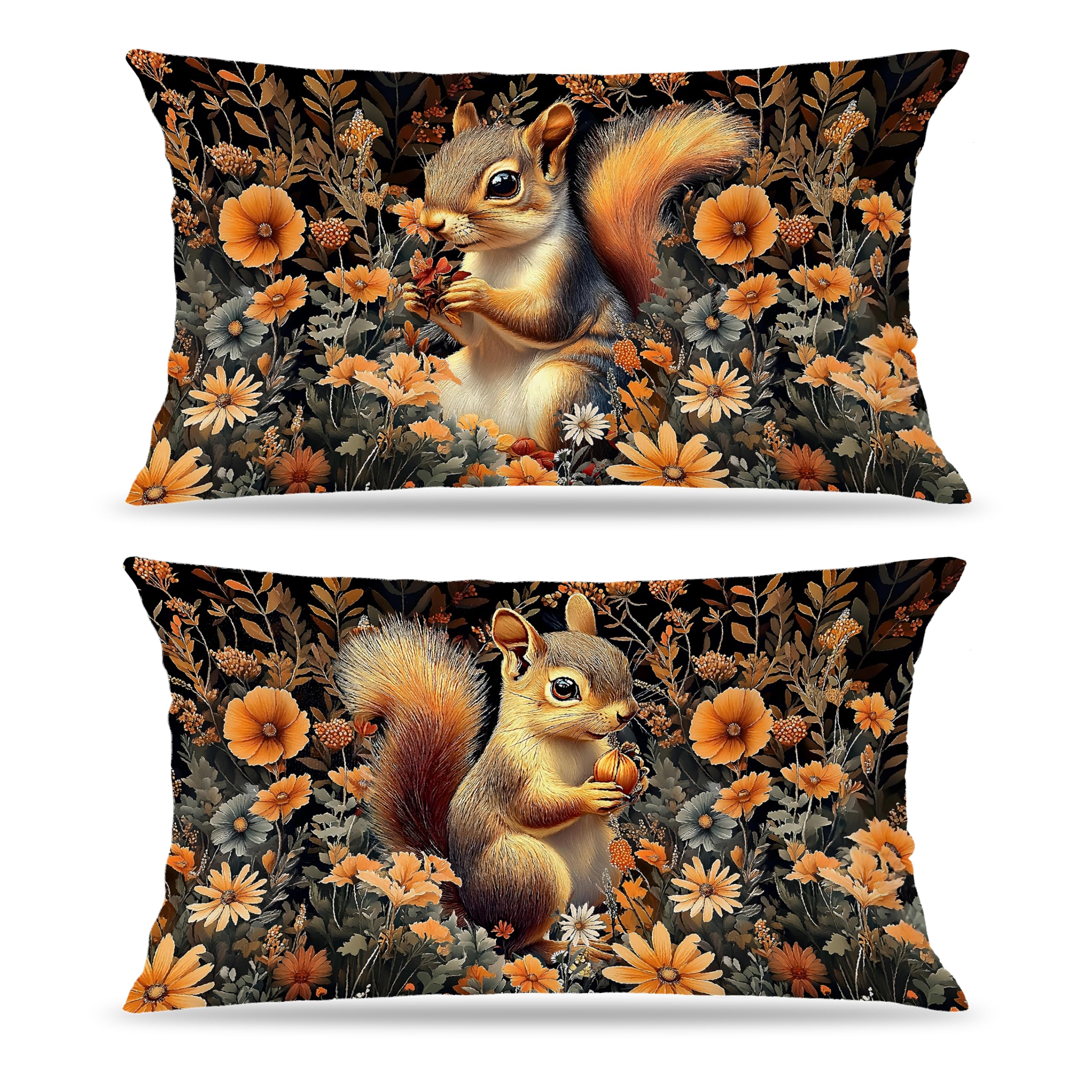 awdschkj Rustic Fall Squirrel Floral Pillow Covers 12x20 Set of 2 Gifts for Squirrel Lovers Dark Cottagecore Autumn