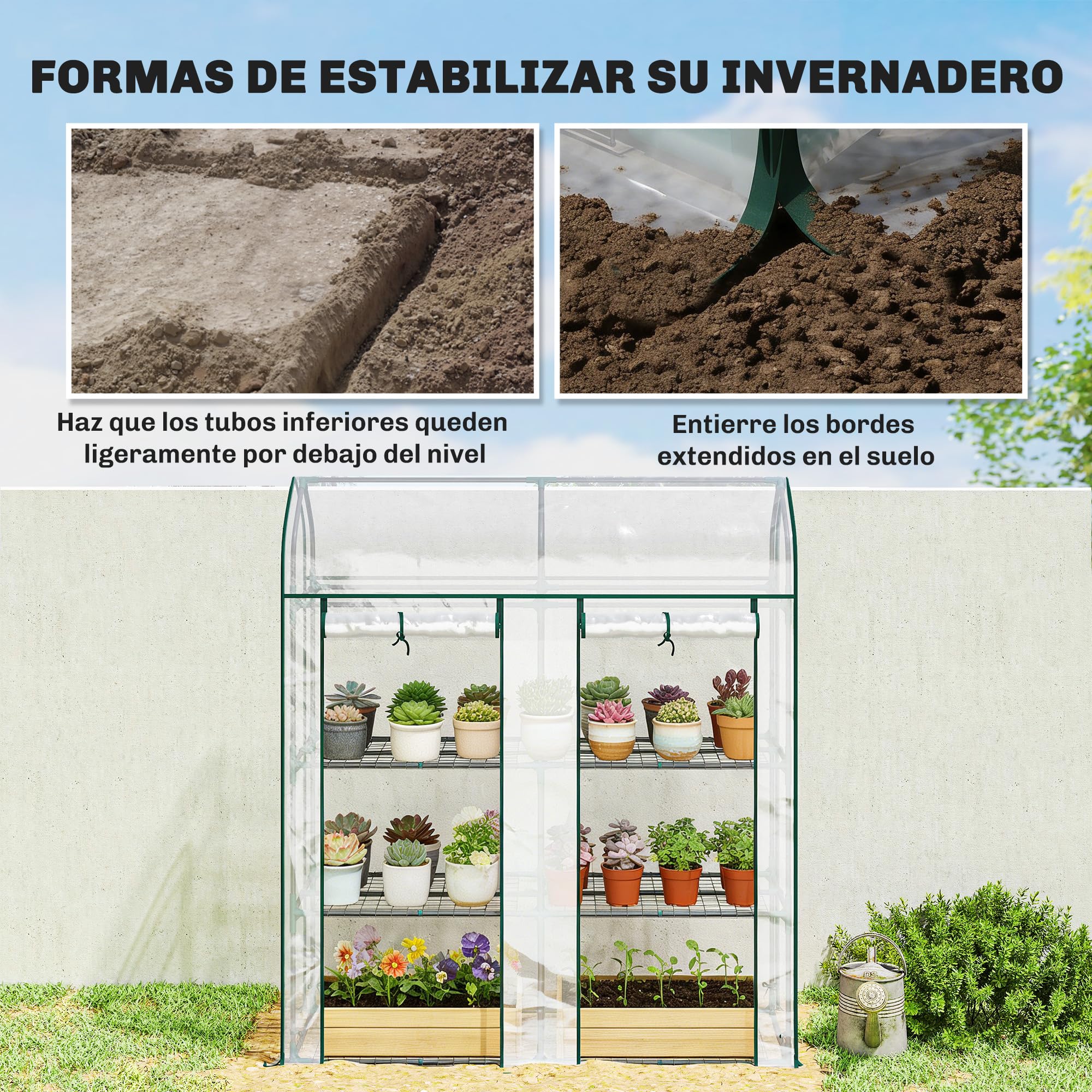 Outsunny Invernadero Pequeño de 3 Niveles 143x46x165 cm Transparente | Invernadero de Exterior, 2 Puertas Enrollables, Marco de Acero, Cubierta de Plástico Anti-UV, para Cultivar Plantas, Flores