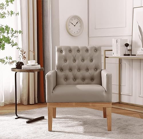 Miniatura 3 de Silla decorativa de piel sintética sillón tapizado cómodo sillón con patas de madera en color de tronco y asiento grueso moderna silla de lectura