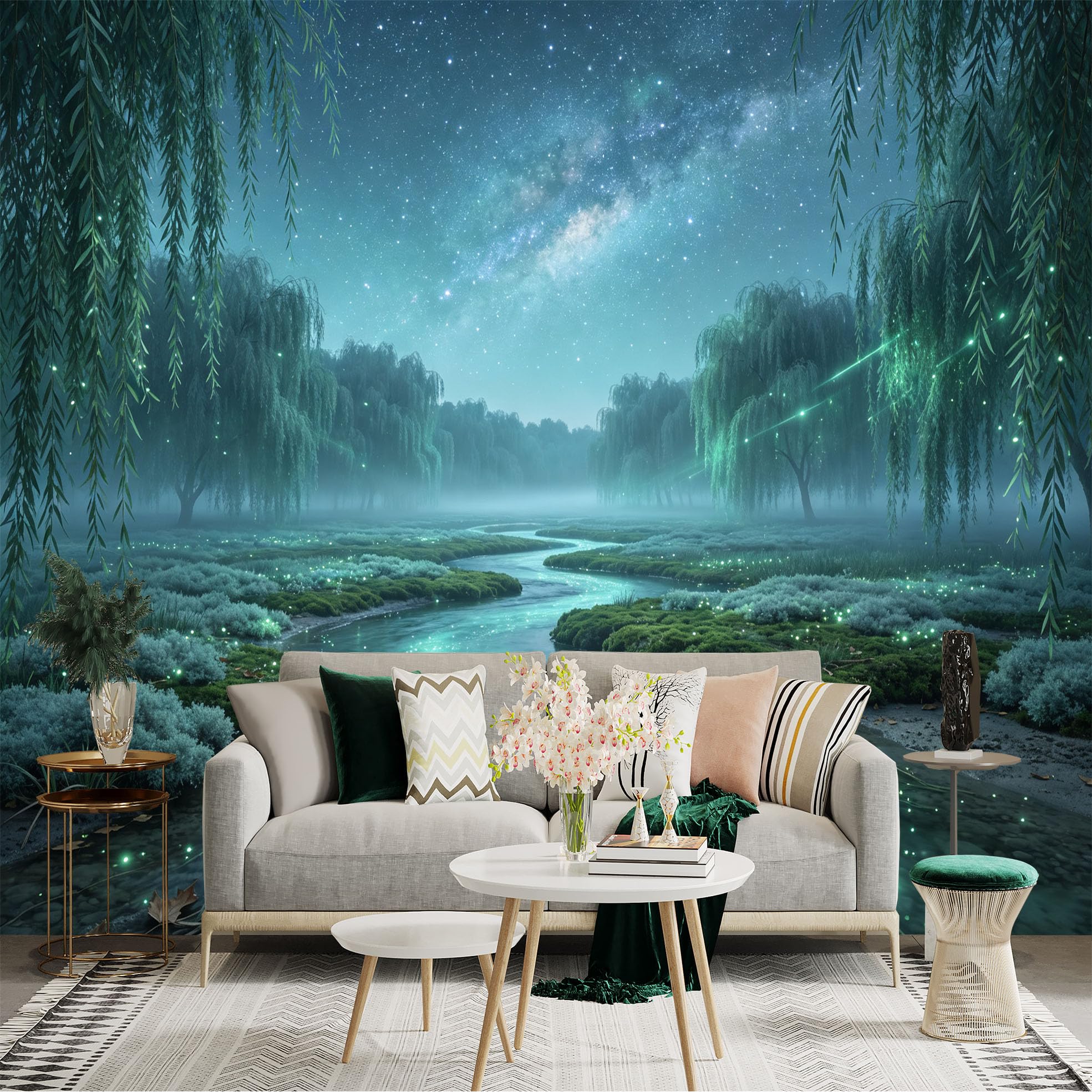 Lnzczhyre Bh260719379 Custom Size Wall Sticker Mural， Enchanted Stream With Fireflies， Weeping Willow Trees， Milky Way Night Sky， For Wall Decoration， Peelandstick Wall Decals.
