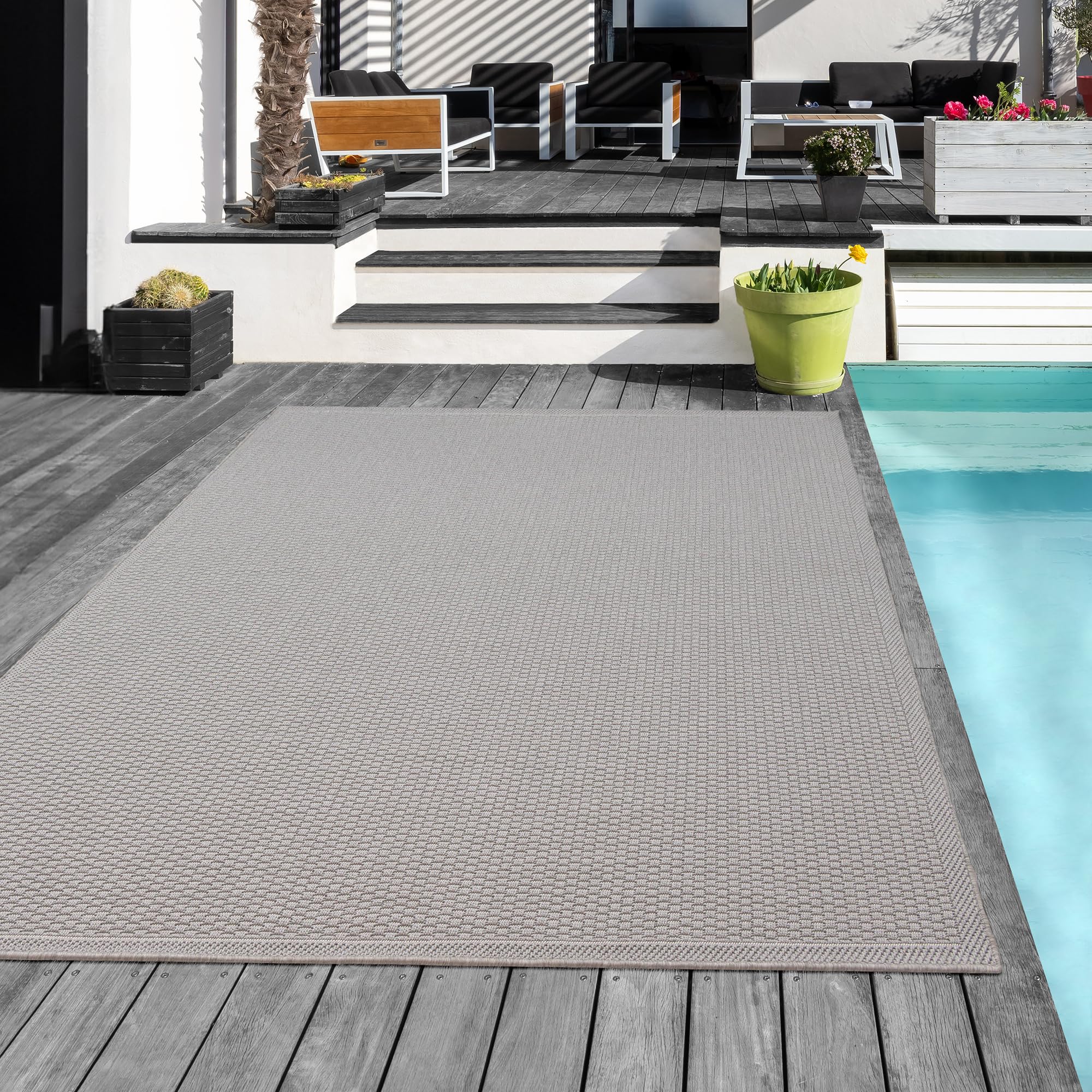 Mia´s dywan Tulsa – dywan outdoorowy na taras i balkon – odporny na warunki atmosferyczne, odporny na działanie promieni UV, wodoodporny, łatwy w pielęgnacji, wytrzymały i wytrzymały, szary, 160 x 220