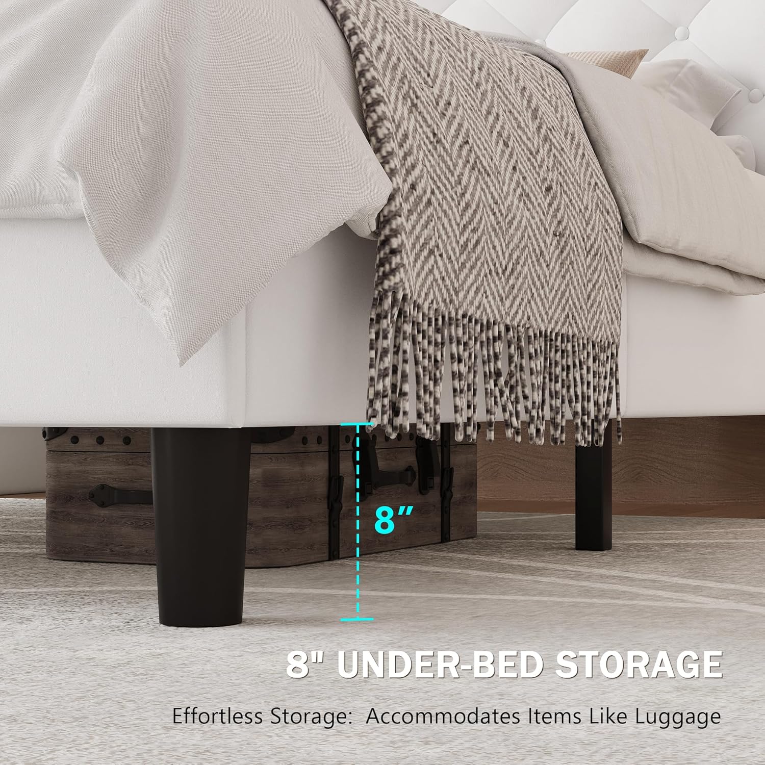 View of the 8-inch under-bed storage space, with a storage trunk visible.