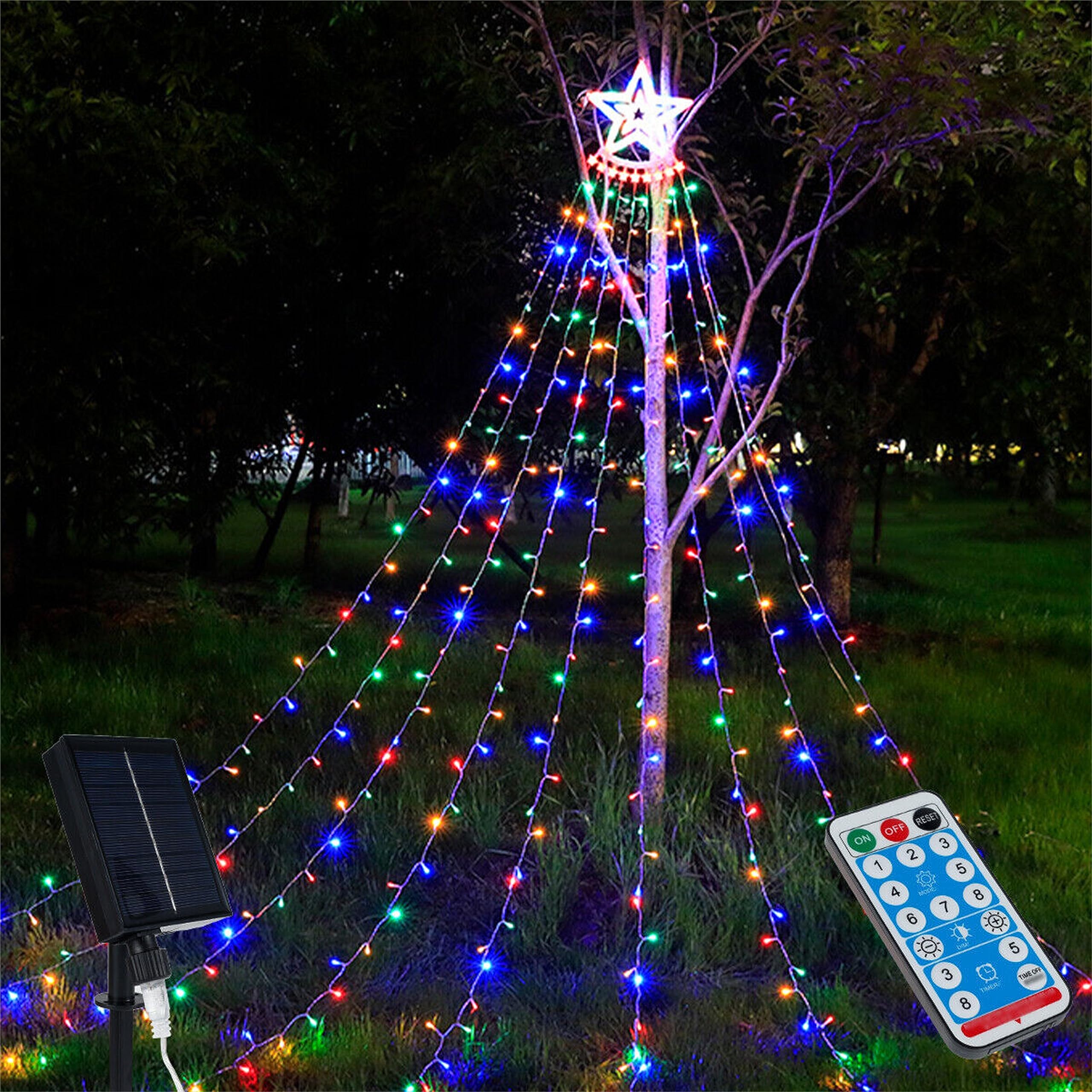 XVICO Solar Waterfall Christmas Decorative Lights Waterproof USB Star nightlight Remote ControlStar String Lamp Tree Lights Waterfall Tree Fairy Lamp with Top Star Outdoor Decor [Energy Class A]