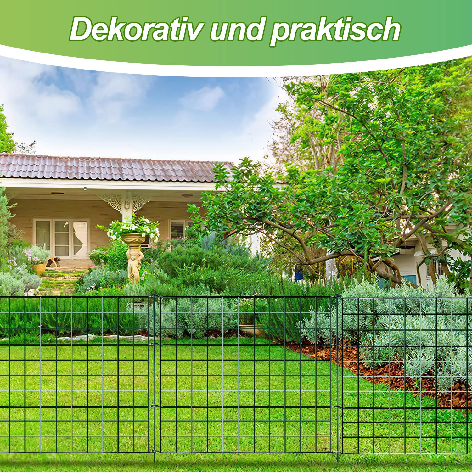 Teichzaun Gartenzaun,Zaun Teich 33tlg 15 Zaunelemente und 18 Befestigungsstäben,Gartenzaun Metall,steckzaun,Freigehege, Teich, Zaun, Gitterzaun,gehege kaninchen (Gerade)
