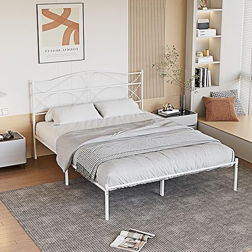Miniatura 11 de VECELO Base de cama de plataforma metálica de tamaño matrimonial con cabecera y estribo, base de colchón de soporte de listones resistentes, no