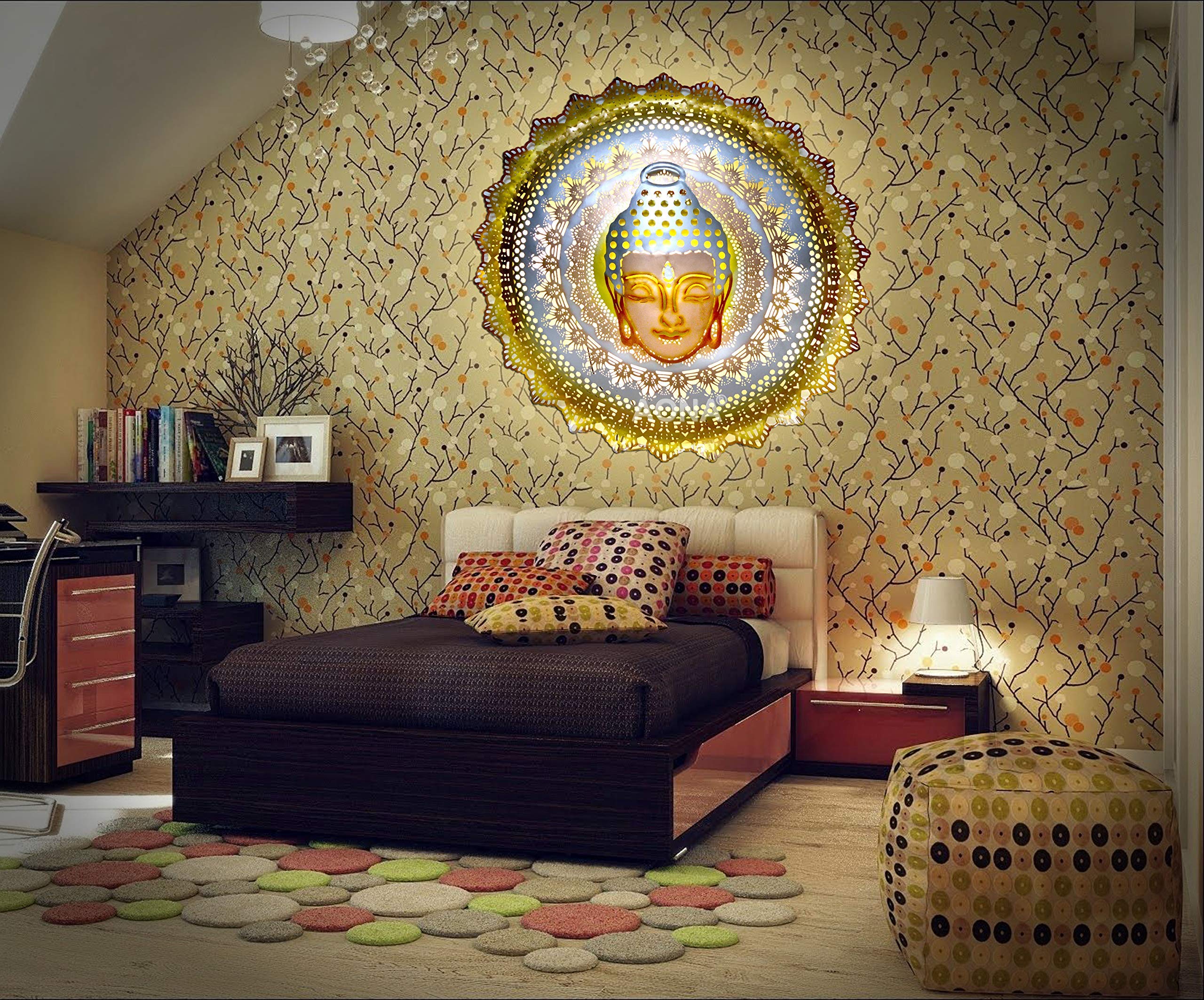 AONA Buddha Metal Wiser Wrought Iron Round Wall Mounted Hanging Art Decor Antique Design Religious Sculpture with LED Light (Multicolour, 32 X 32 X 5 inches) - Image 3 thumbnail