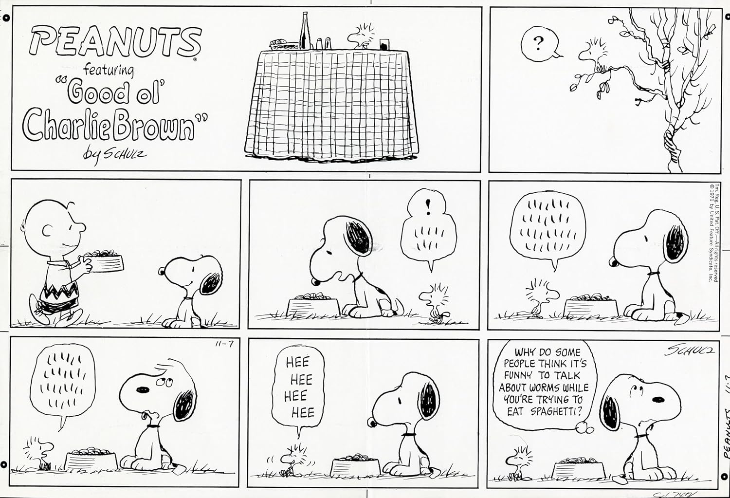 Peanuts Comic Strips By Charles Schulz Original Sunday Photostat Print November 7 1971 Why Do Some People Think It S Funny To Talk About Worms While You Re Trying To Eat