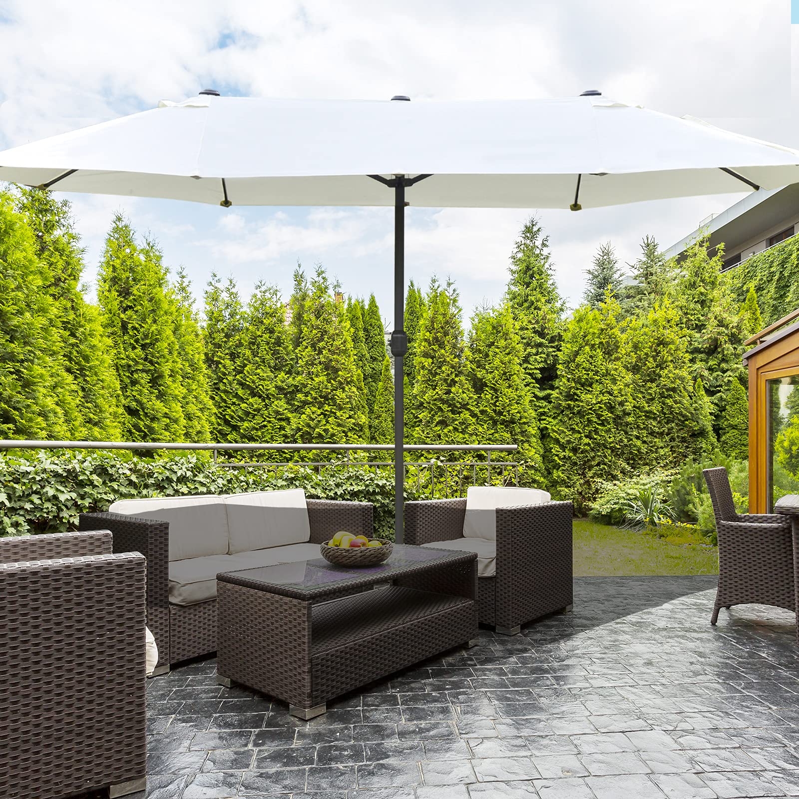 Outsunny Ombrellone da Giardino Doppio a 12 Stecche con Base a Croce e Apertura a Manovella, Ombrellone da Terrazzo con Sacchi di Sabbia, in Acciaio e Poliestere, 455x265x238 cm