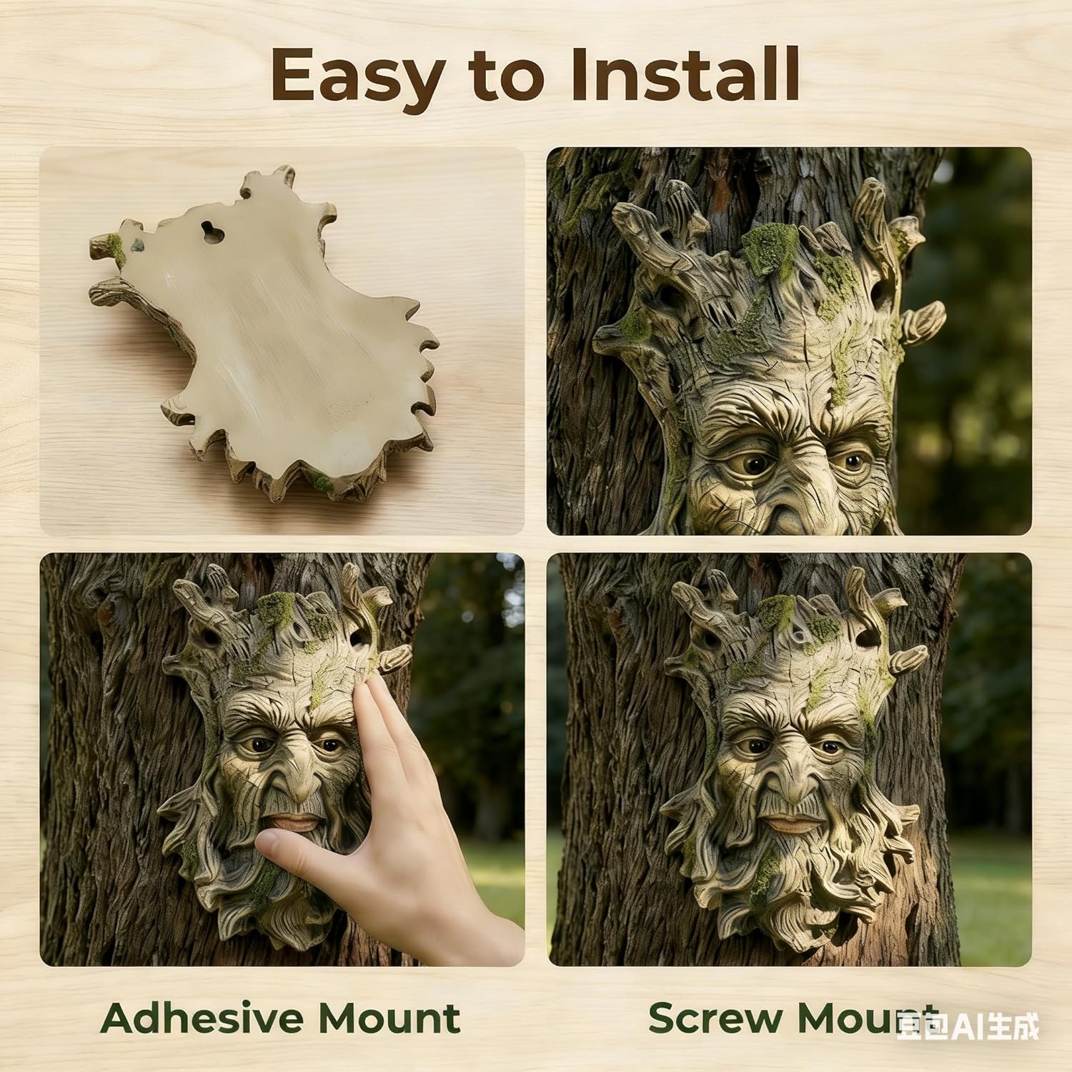 Tree Face Statue Outside Yard Outdoor Decoration, Fairy Tree Face Decor and Yard Decorations Accessory, Whimsical Wallmount Old Man Art with Moss, Fence Hanging Sculpture Orantments, 6.7" x 9.8" Gift