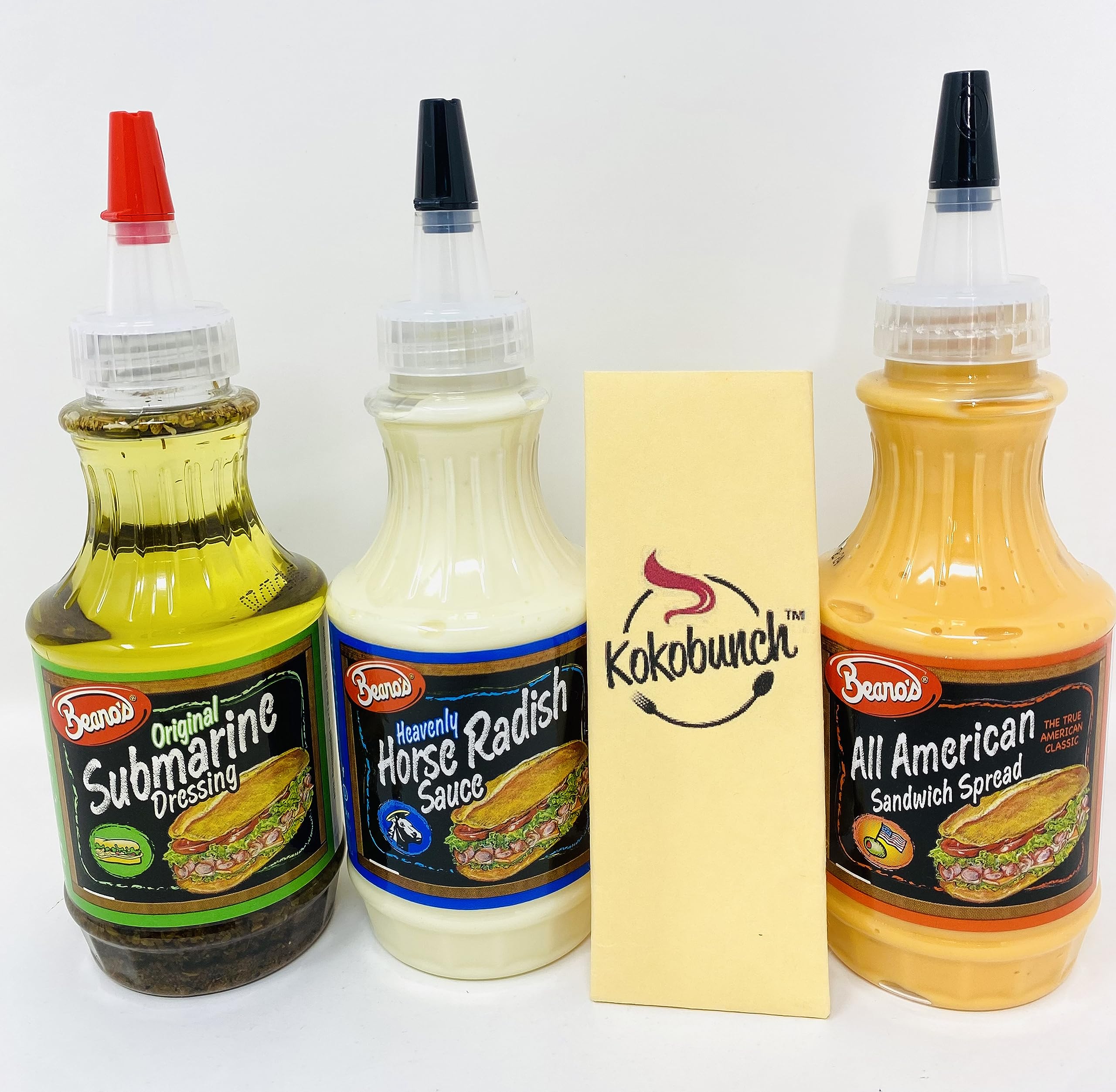 Beano's Variety PACK - Original Hoagie Submarine Dressing | All American Sandwich Spread | Heavenly Horseradish Sauce Bundled With Kokobunch Kit 3-8oz