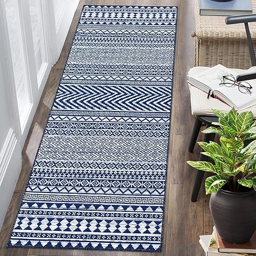 Vista 7 de Zacoo Alfombra bohemia para pasillo de 2 x 6 pies, alfombra geométrica de pelo bajo, antideslizante, resistente a las manchas, para cocina, marino