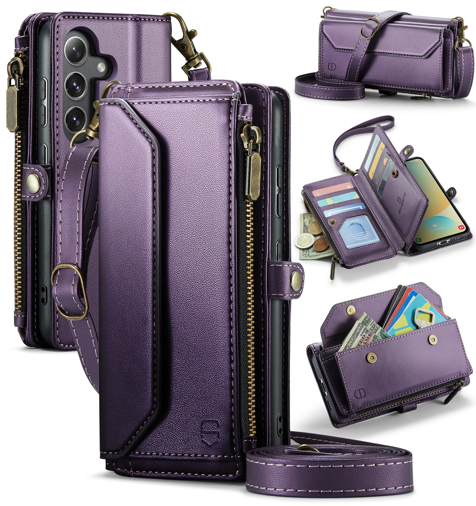 Strapurs Wallet Case Compatible with Samsung Galaxy S24 FE 5G RFID Blocking 10-Card Holder Soft PU Leather Magnetic Snap Strap Zipper Pocket Phone