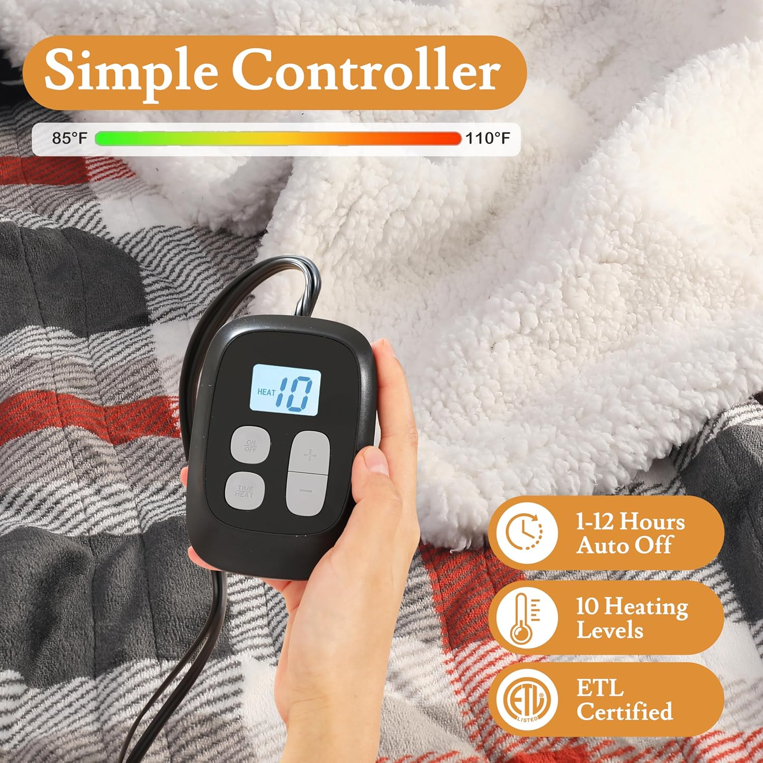 Electric Heated Blanket 72"x84" Full Size Flannel & Sherpa - 4 Heat Settings & 10H Auto Shut Off, Fast Heating, Machine Washable for Bed, Couch, Office - Black and Red Checkered Pattern - Image 3