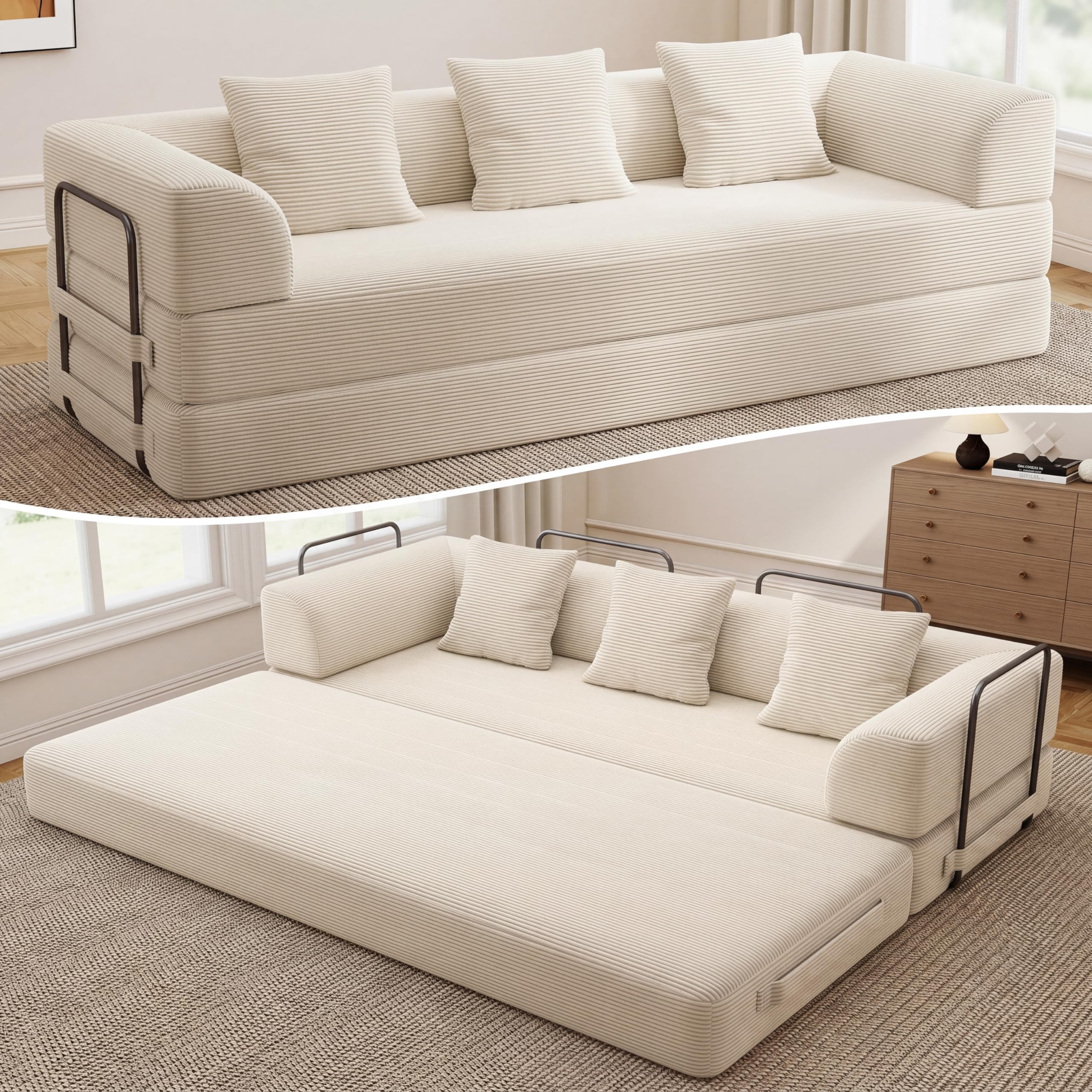 Living&Giving（WALKBON） 89" Cloud Boneless Convertible Sofa Bed, 5-in-1 Foldable Compressed High-Density Sponge Sofa, Corduroy Fabric 3 Seater Sleeper Couch Futon Daybed for Living Room Bedroom (Beige)