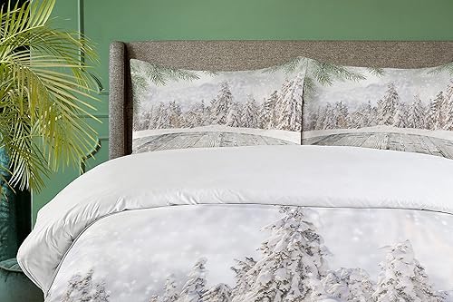 Miniatura 3 de Ambesonne Juego de funda de edredón de invierno, con temática navideña abstracta de bosque cubierto de nieve y superficie de madera, juego de cama