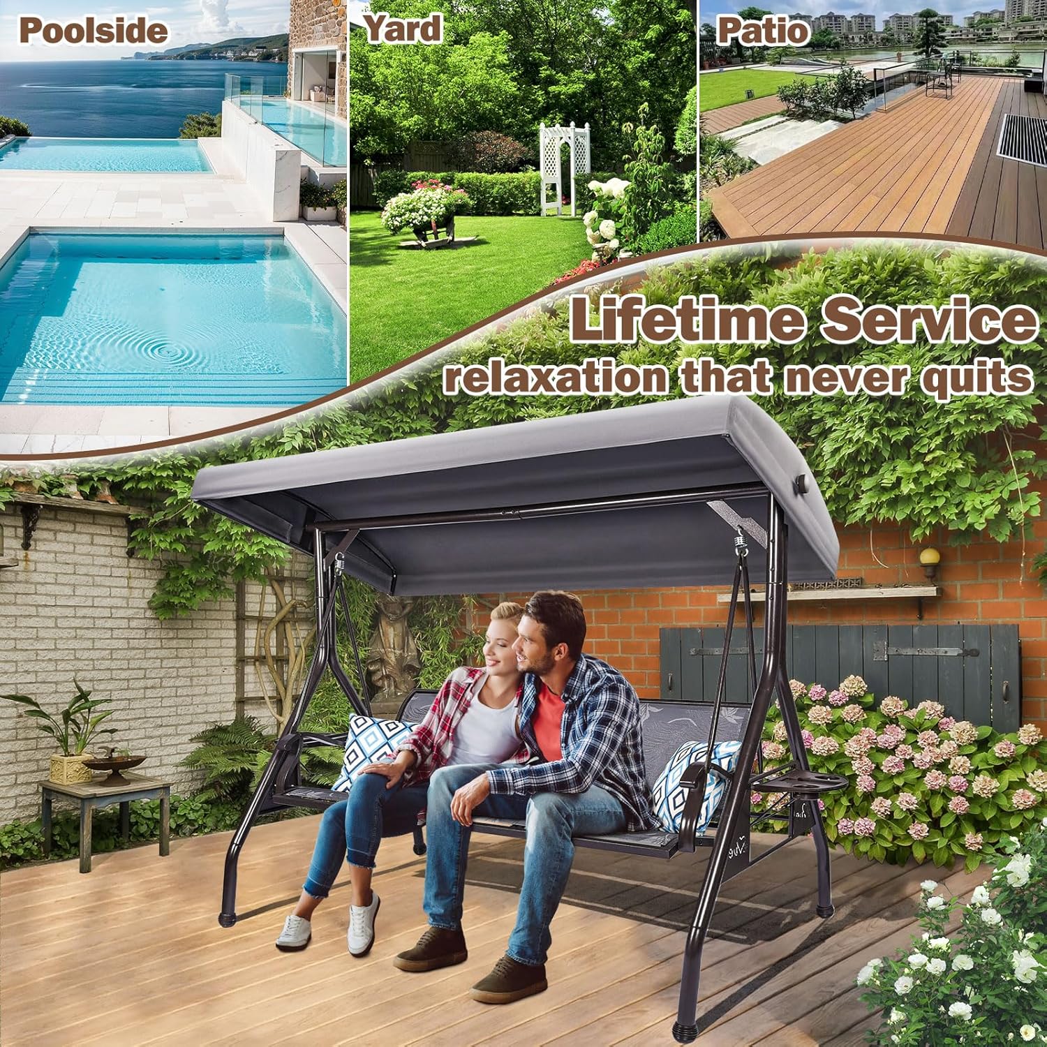 3 Person Patio Swing Outdoor Swing for Adults with Adjustable Canopy &Upgraded Cup Holders Textilene Fabric Porch Swing Chair with Stand Heavy Duty 800 LBS