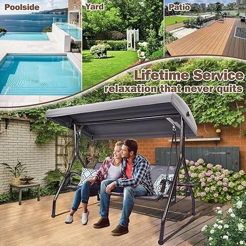 Miniatura 6 de Columpio de patio para 3 personas para adultos con toldo ajustable y portavasos mejorados, tela de textileno, silla de columpio con soporte