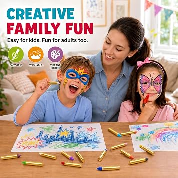 Kangaroo 32 Washable Face Painting Kit for Kids, 16 Colors (2 Each) | Body Paint Crayons - Non Toxic Face Paint Sticks - Easy Grip Makeup Crayons for Kids & Adults - Cosplay & Costume Makeup
