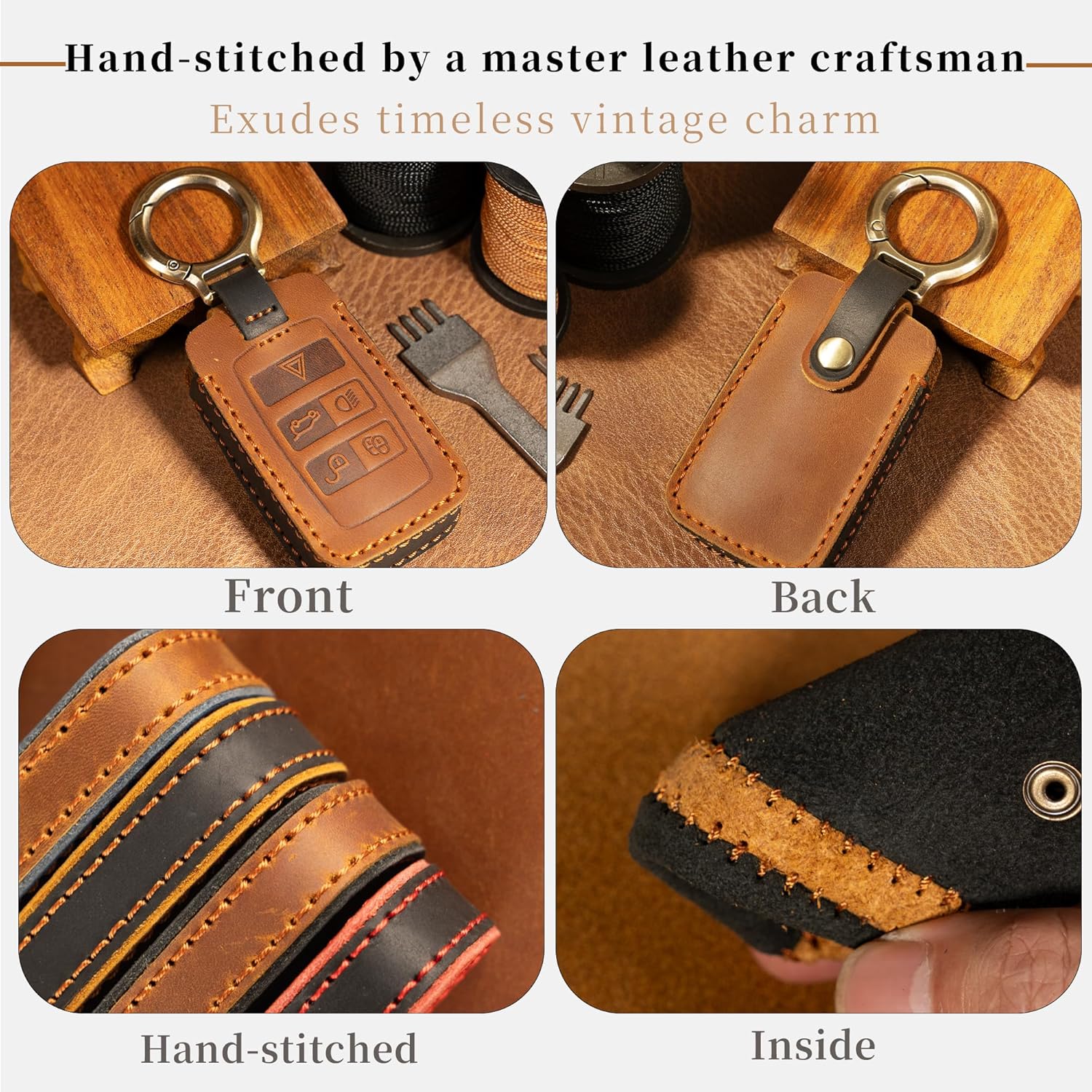 Leather Key Fob Cover Full Protector Compatible with Range Rover Evoque Discovery Sport Defender (Brown) - Image 4