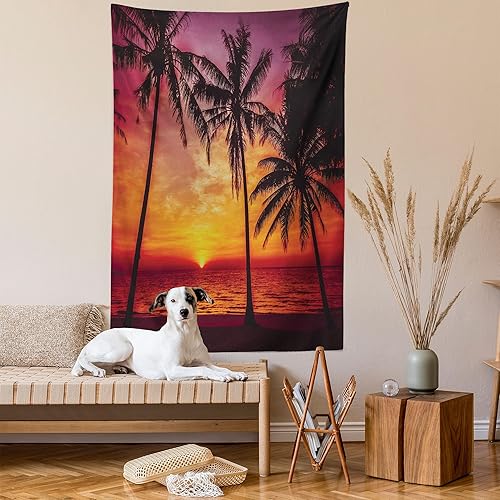 Miniatura 2 de Lunarable Tapiz tropical, playa tropical al atardecer con palmeras pacífica vista nocturna al océano, decoración para colgar en la pared de