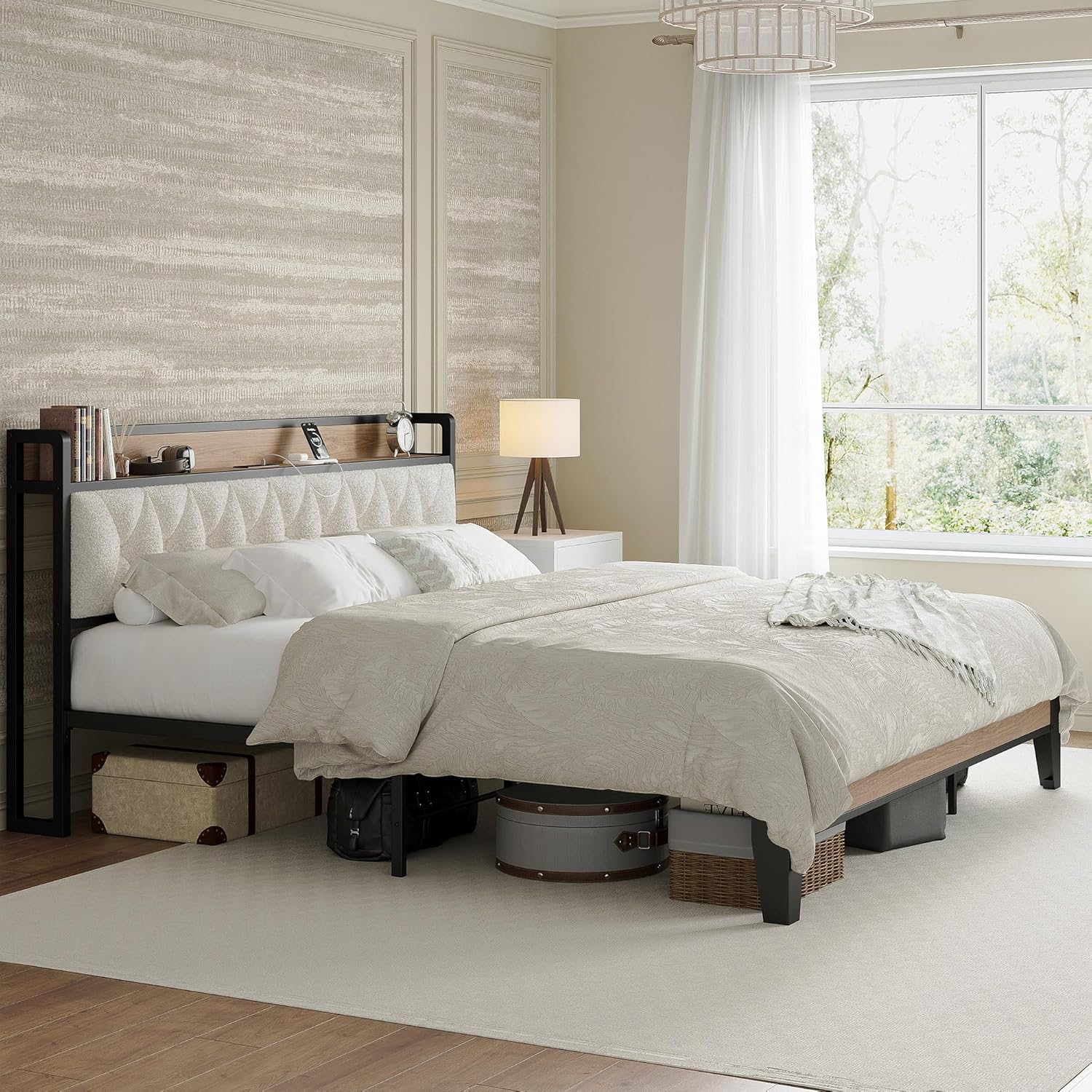 ANCTOR King Bed Frame, Storage Headboard with Charging Station, Platform Bed Frame with Strong Metal Support, Sturdy and Stable, Noise Free, No Box Spring Needed, Easy Assembly, Wood and Cream