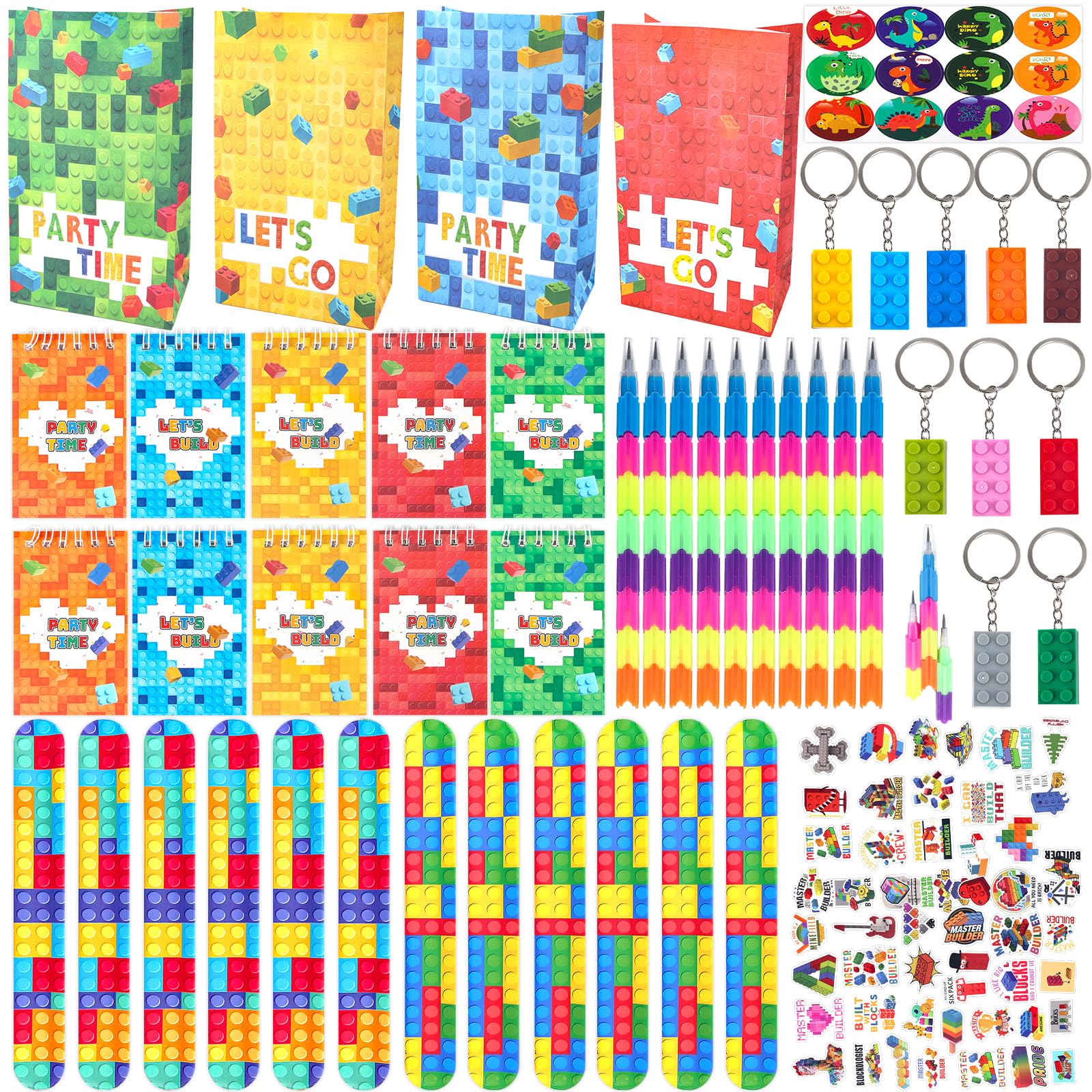 Building Blocks Party Bag Fillers for Kids - 104PCS Party Favours with Bags Slap Bracelets Notebook Stickers Keychain, Give Away Girls Boys for Pinata Fillers Birthday Toys Favours Class Rewards