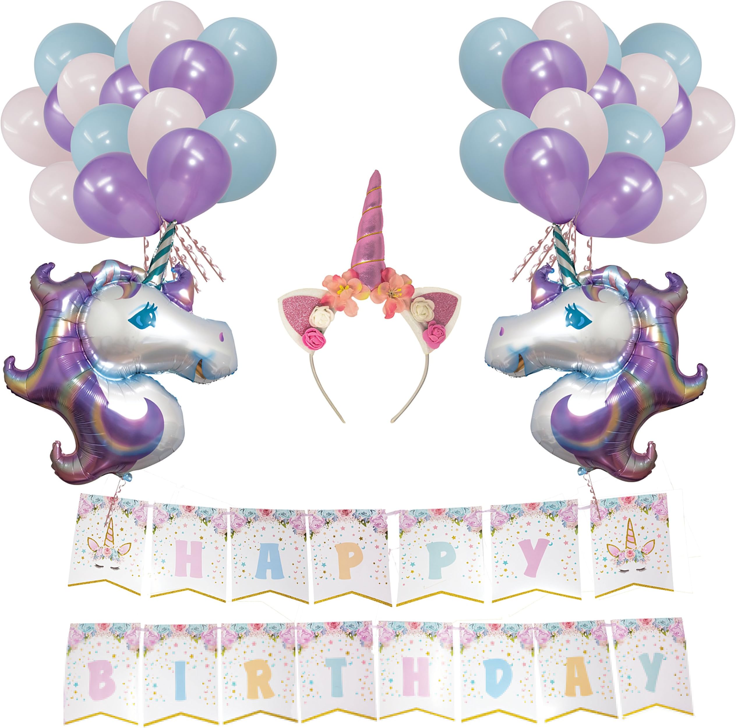 Unicorn Party Decoration Set, Unicorn Party Supply Set, Decorations for Girl's Birthday Party, Unicorn Decoration Kit Unicorn Headband, Unicorn Happy Birthday Banner and Party Balloons