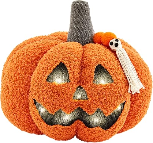 Mud Pie Light Up Sherpa Jack-o-Lantern Almohada naranja, 8" x 9"