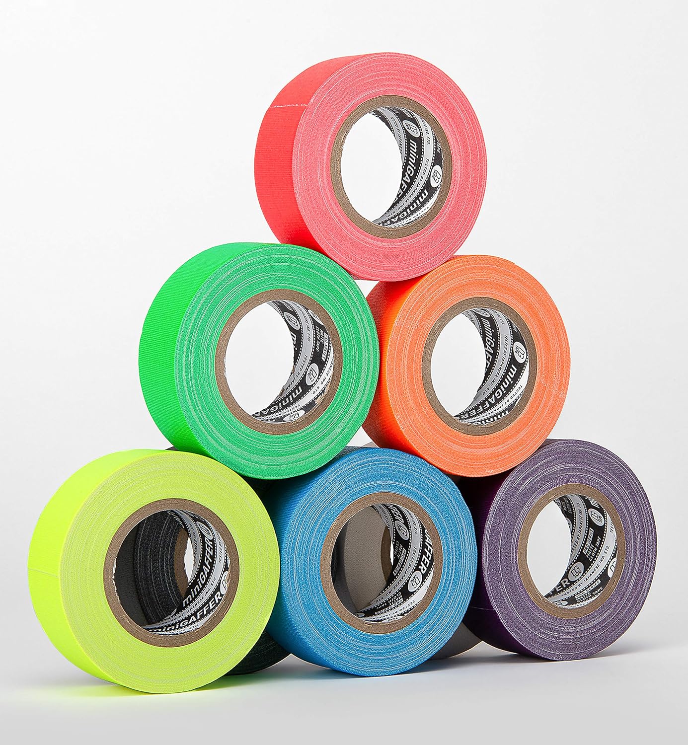DGTAPE 8pcs Set of miniGAFFER Tape 1 inch X 11 Yards = 3 pcs Colored + 5pcs Fluorescent UV Blacklight Reactive Tape Social distancing Floor Tape | Micro Gaffer Tape (mix8)